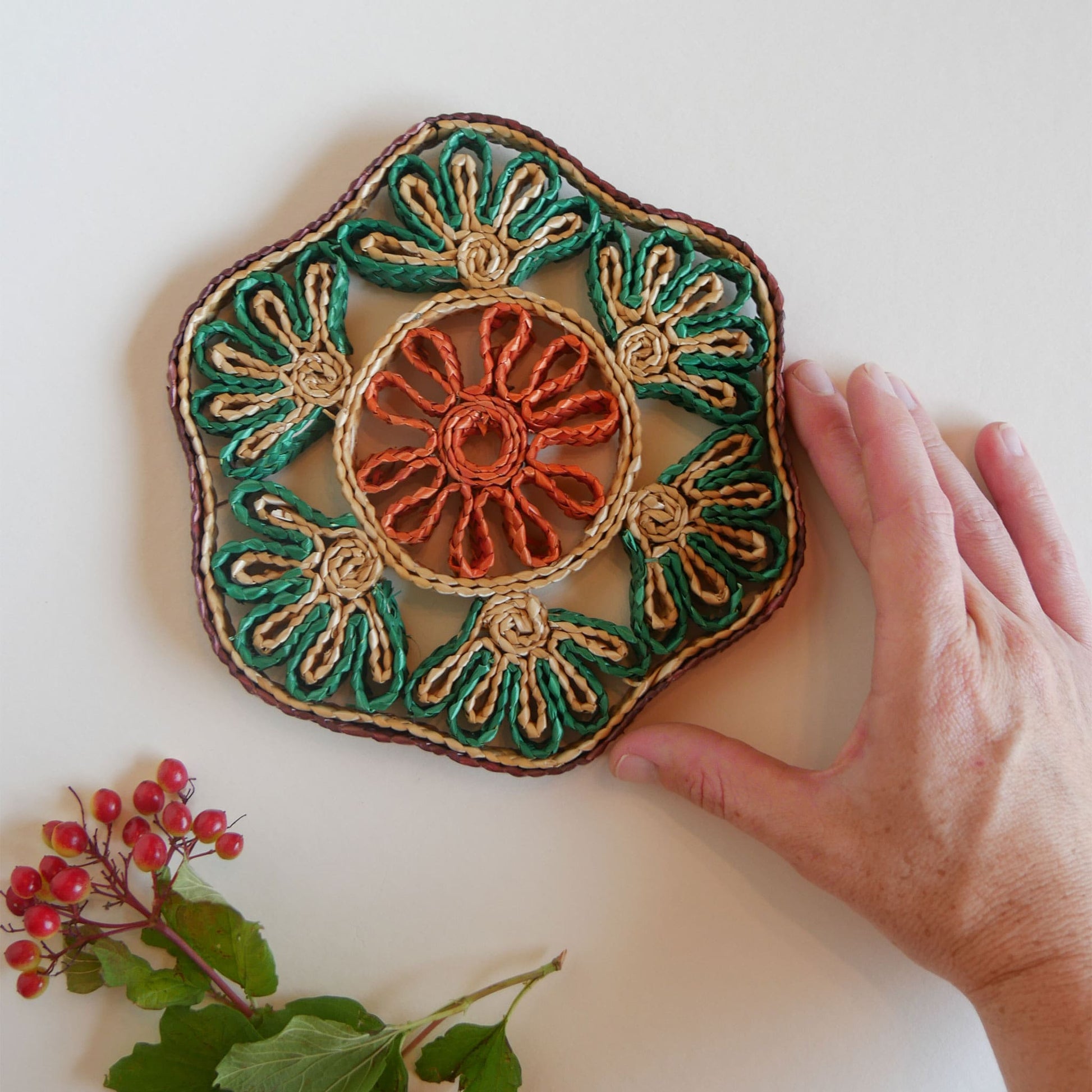 Vintage Floral Shaped Green and Orange Wicker Trivet Vintage Wicker Trivet
