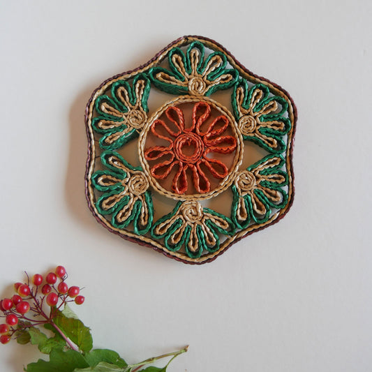 Vintage Floral Shaped Green and Orange Wicker Trivet Vintage Wicker Trivet