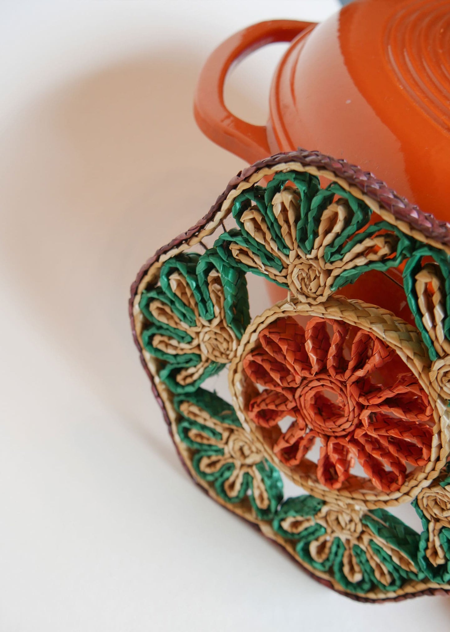 Vintage Floral Shaped Green and Orange Wicker Trivet Vintage Wicker Trivet