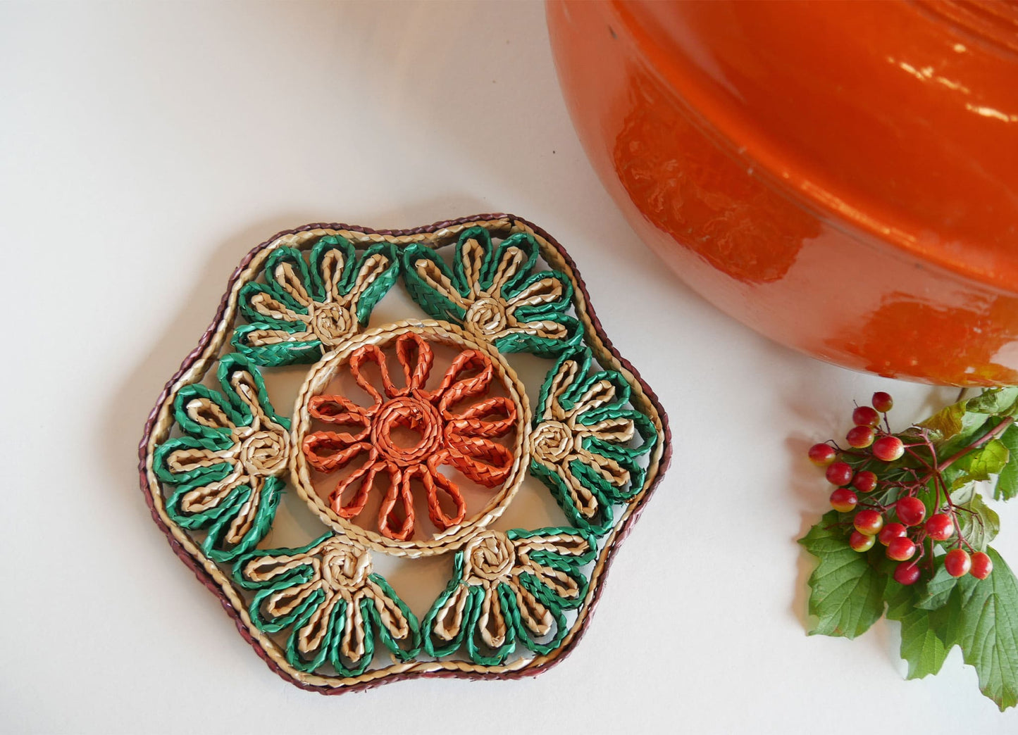 Vintage Floral Shaped Green and Orange Wicker Trivet Vintage Wicker Trivet