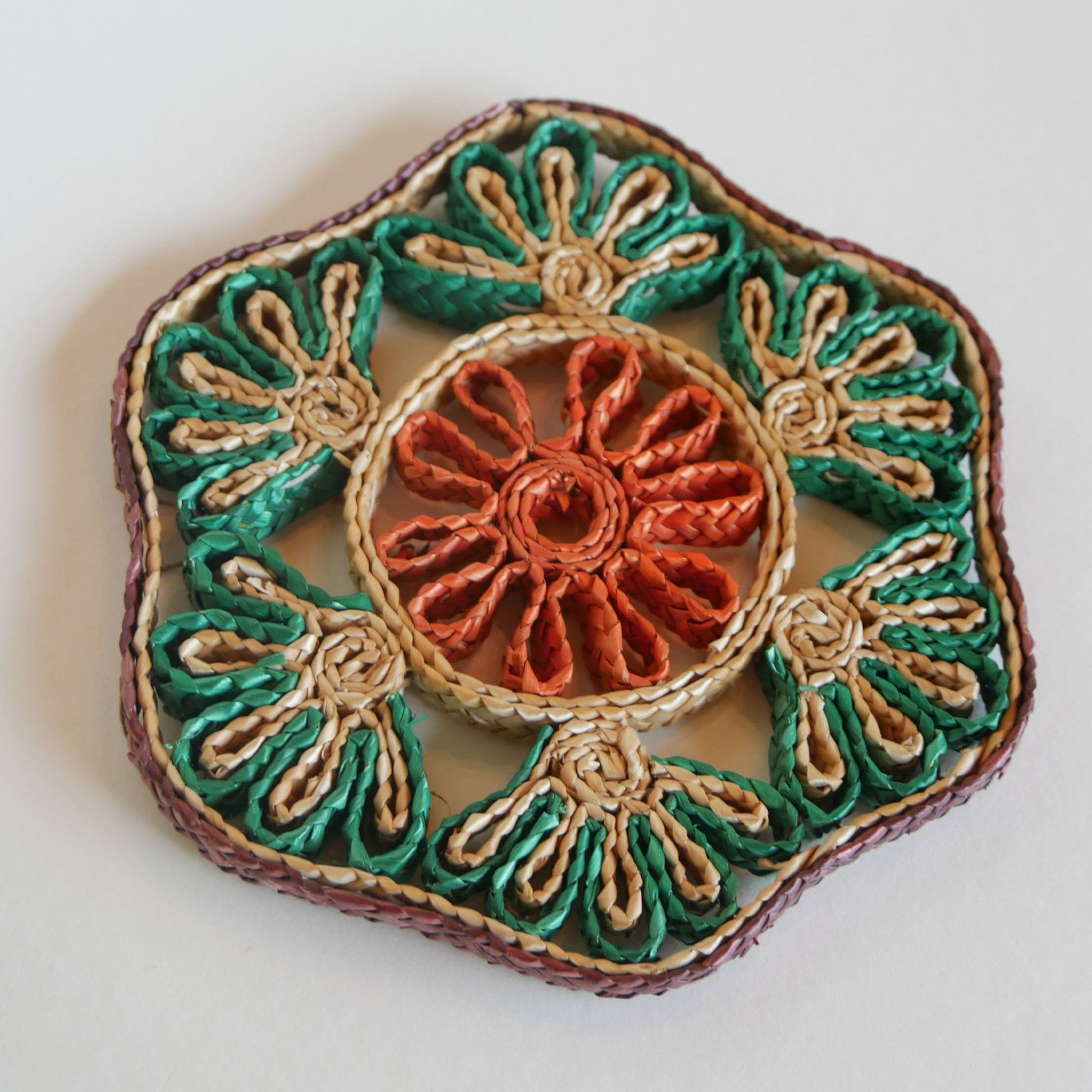 Vintage Floral Shaped Green and Orange Wicker Trivet Vintage Wicker Trivet