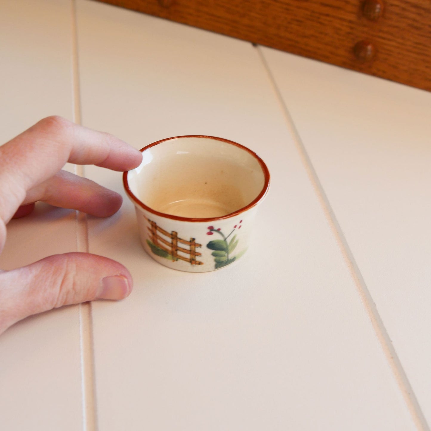 Vintage Mini Ceramic Dish, Hand Painted Fence and Foliage