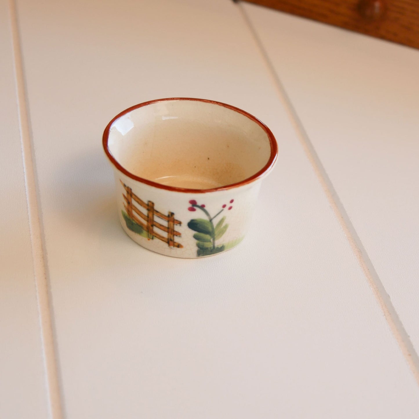 Vintage Mini Ceramic Dish, Hand Painted Fence and Foliage