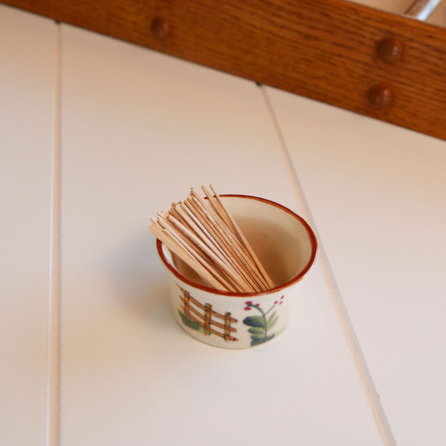 Vintage Mini Ceramic Dish, Hand Painted Fence and Foliage