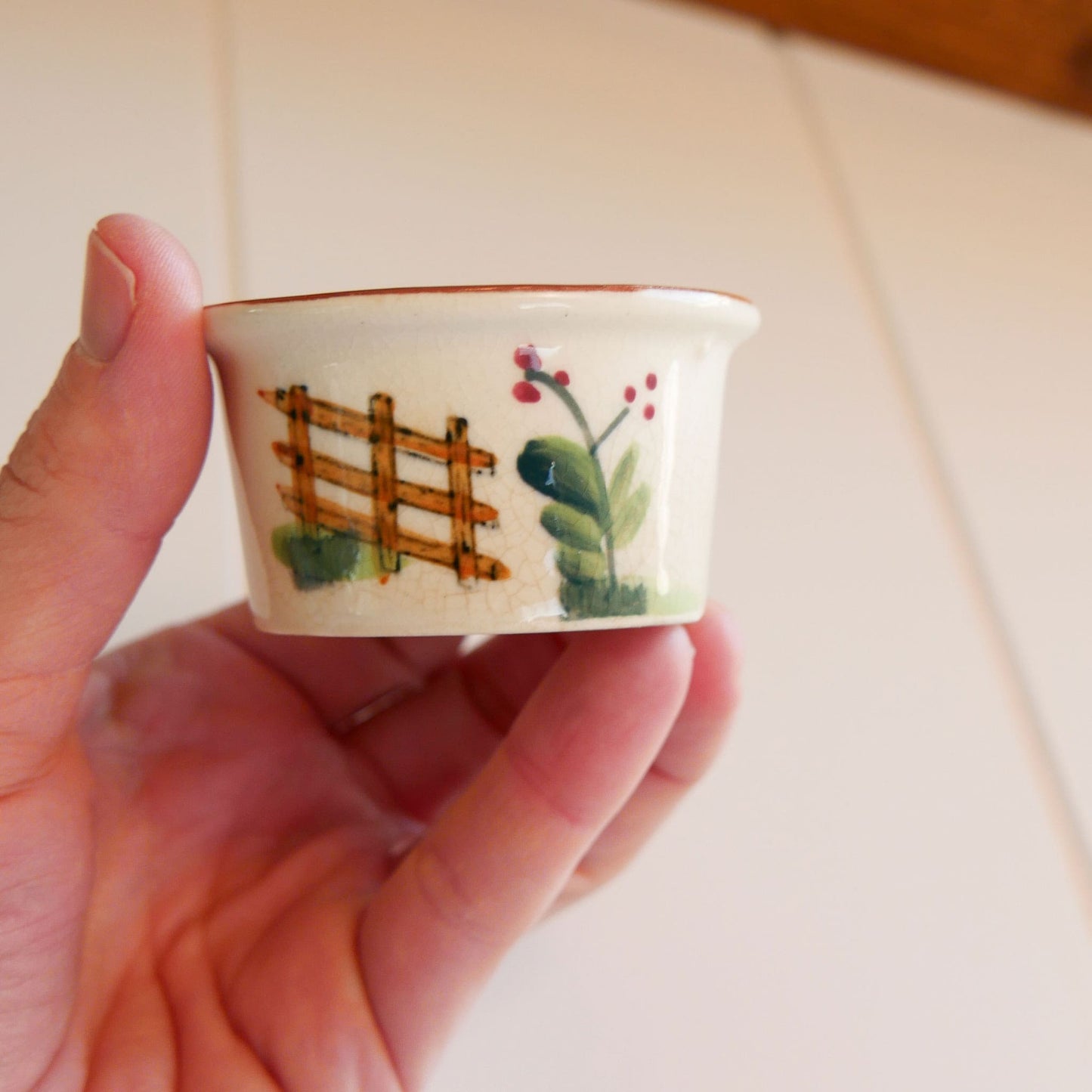 Vintage Mini Ceramic Dish, Hand Painted Fence and Foliage