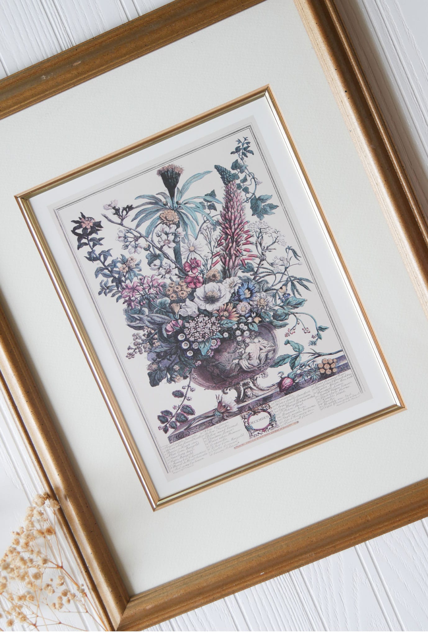Vintage Framed Robert Furber Gardiner 12 Months of Flowers, December Print, Vintage Robert Gardiner December Print Floral December Framed Print