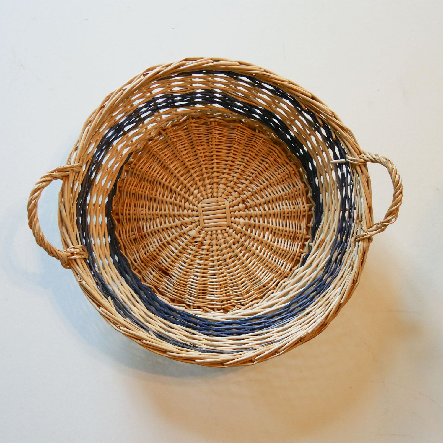 Round Blue Striped Wicker Tray with Handles, Vintage Wicker Basket, Vintage Basket Wall, Vintage Boho Basket Wall, Vintage Striped Basket Wall, Vintage Blue Stripe Basket