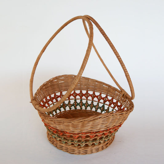 Vintage Green and Orange Stripe Round Wicker Handle Basket, Vintage Rattan Wicker Striped Round Basket, Vintage Wicker Decor