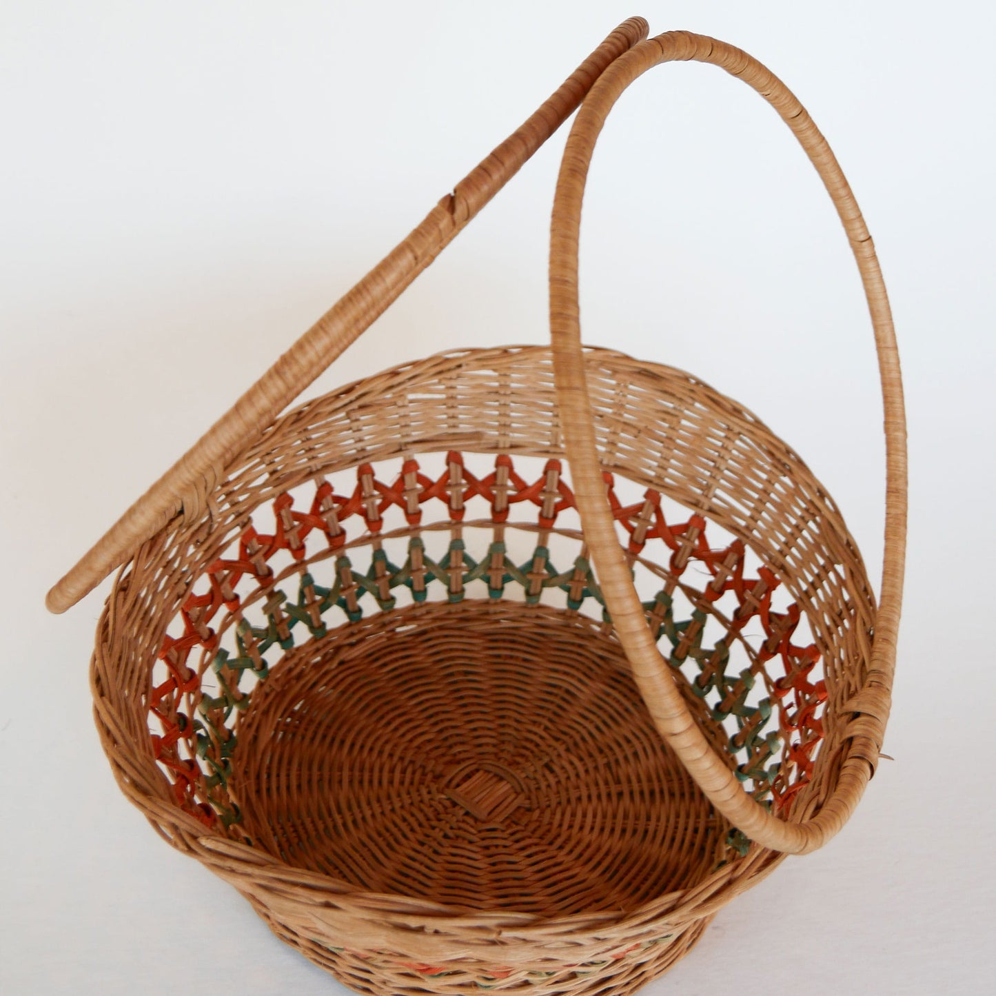 Vintage Green and Orange Stripe Round Wicker Handle Basket, Vintage Rattan Wicker Striped Round Basket, Vintage Wicker Decor