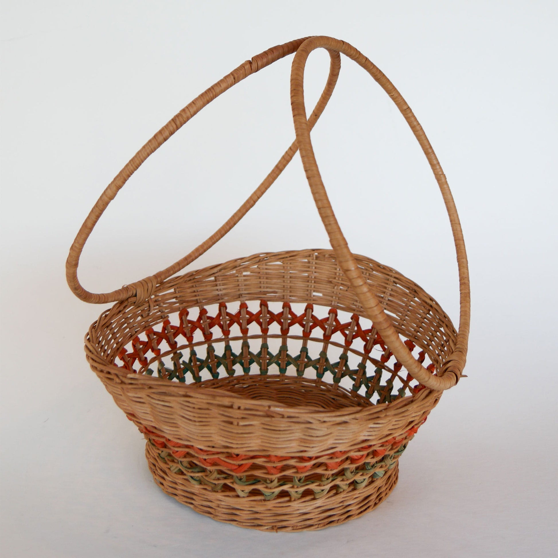 Vintage Green and Orange Stripe Round Wicker Handle Basket, Vintage Rattan Wicker Striped Round Basket, Vintage Wicker Decor