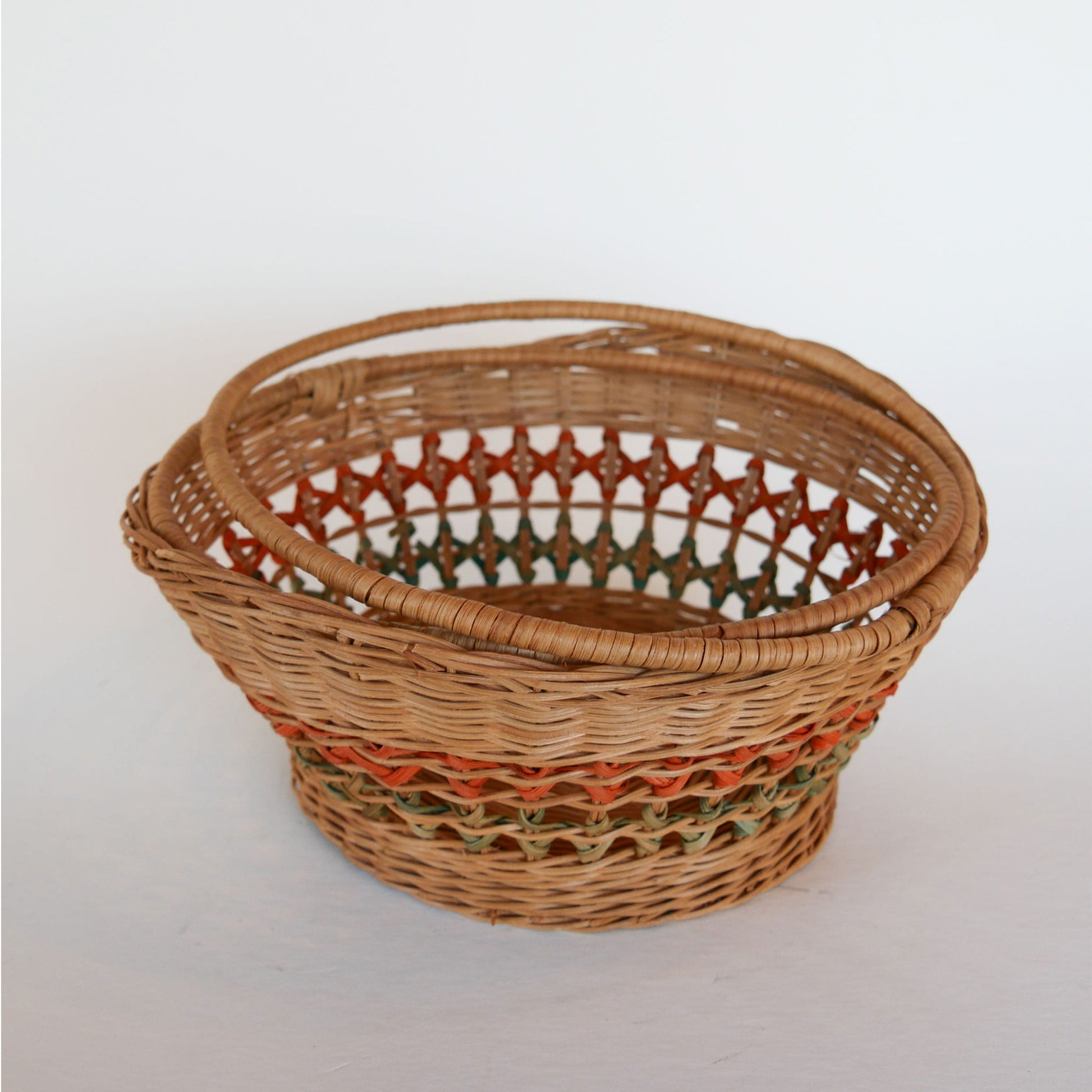 Vintage Green and Orange Stripe Round Wicker Handle Basket, Vintage Rattan Wicker Striped Round Basket, Vintage Wicker Decor