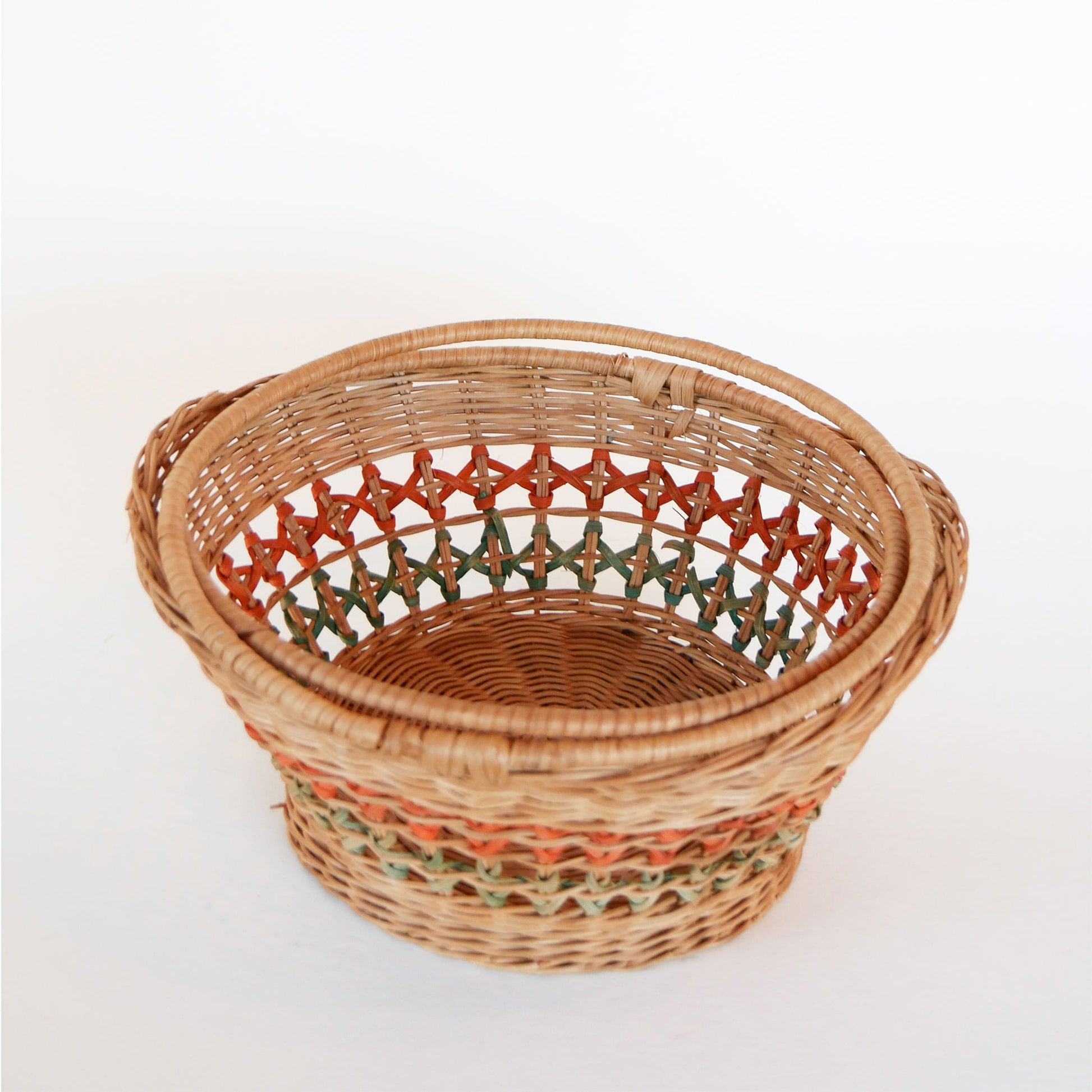 Vintage Green and Orange Stripe Round Wicker Handle Basket, Vintage Striped Wicker Basket