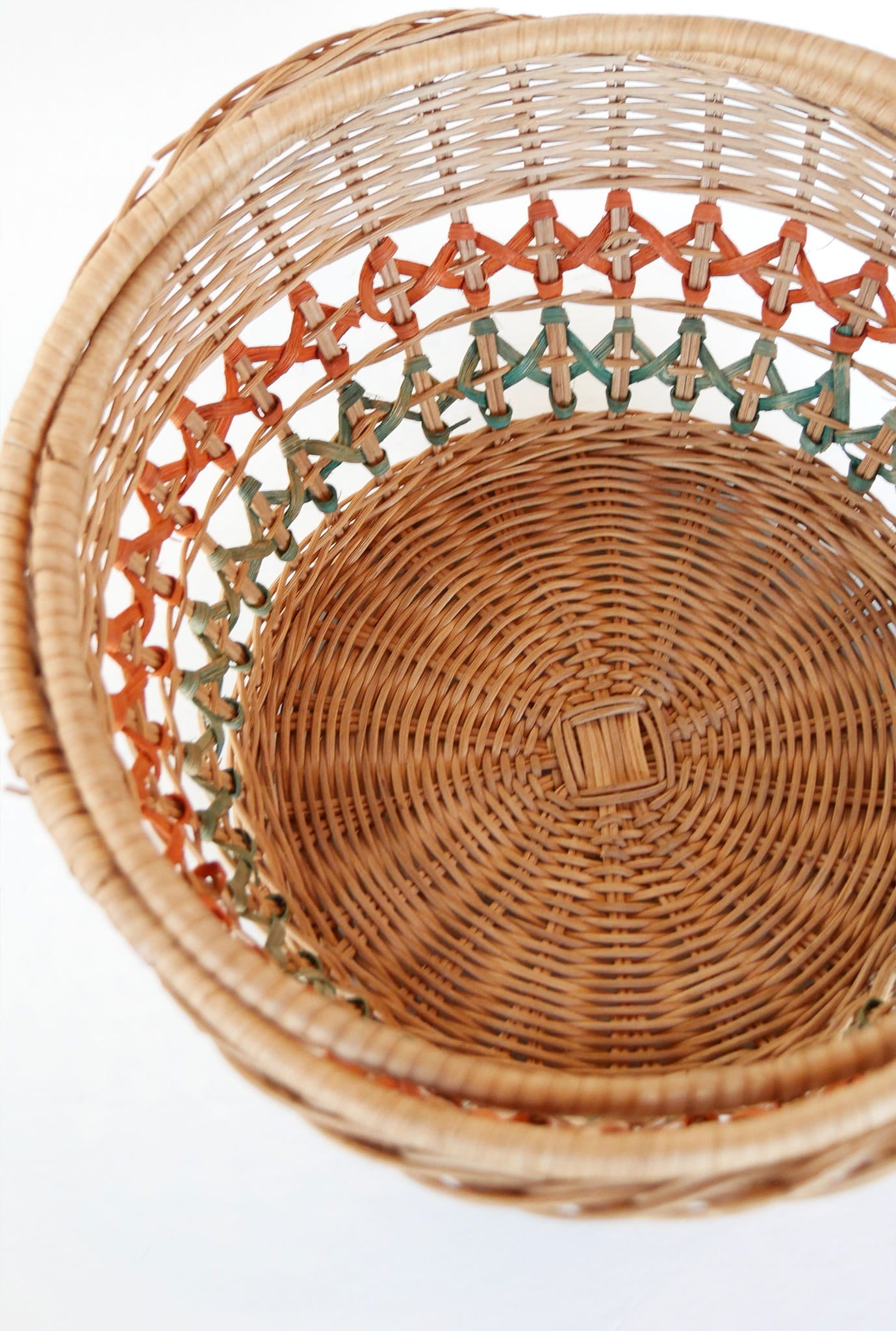 Vintage Green and Orange Stripe Round Wicker Handle Basket, Vintage Rattan Wicker Striped Round Basket, Vintage Wicker Decor