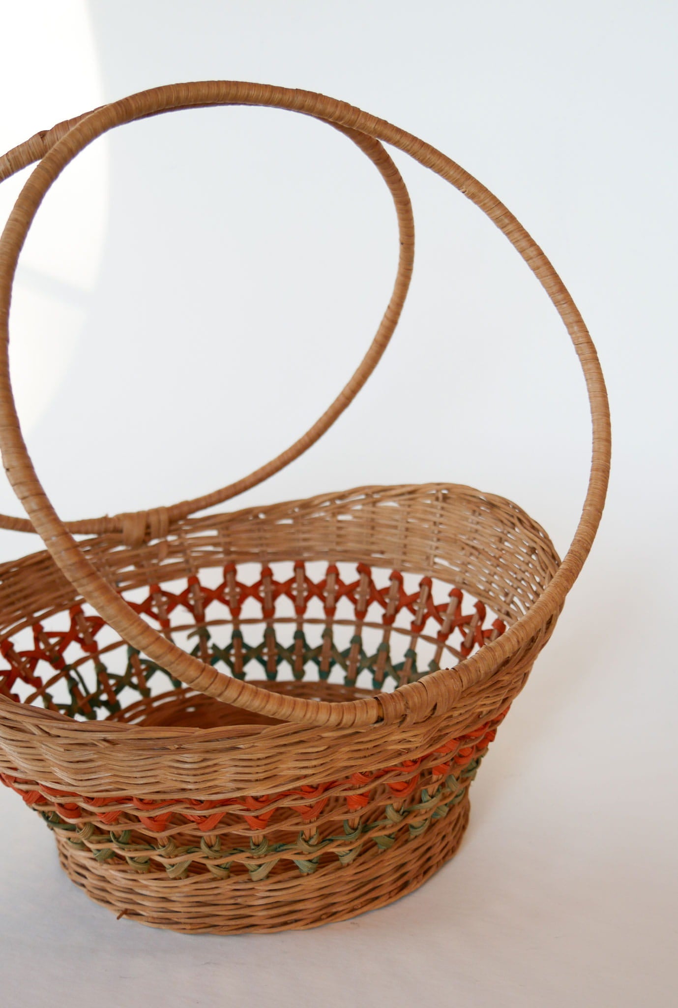 Vintage Green and Orange Stripe Round Wicker Handle Basket, Vintage Rattan Wicker Striped Round Basket, Vintage Wicker Decor