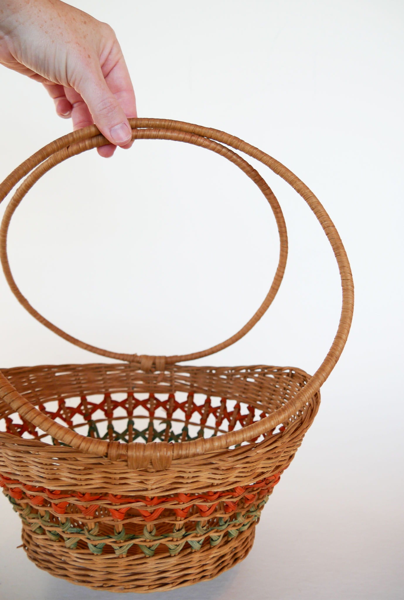 Vintage Green and Orange Stripe Round Wicker Handle Basket, Vintage Rattan Wicker Striped Round Basket, Vintage Wicker Decor