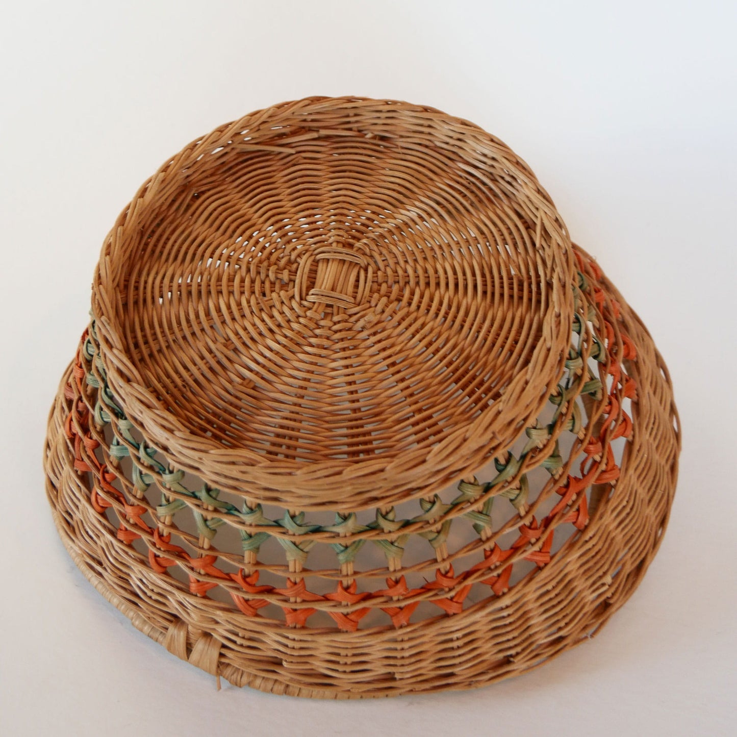 Vintage Green and Orange Stripe Round Wicker Handle Basket, Vintage Rattan Wicker Striped Round Basket, Vintage Wicker Decor