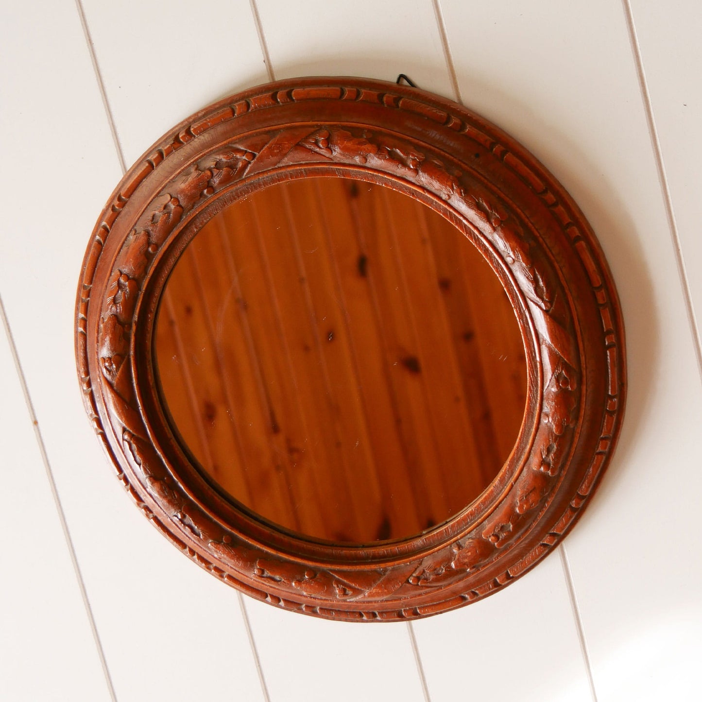 Vintage Wood Carved Round Mirror, Vintage Wall Mirror, Vintage Wood Carved Round Mirror, Vintage Farmhouse Mirror, Vintage Cottage Wall Mirror