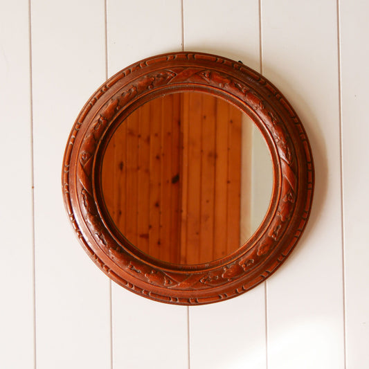Vintage Wood Carved Round Mirror, Vintage Wall Mirror, Vintage Wood Carved Round Mirror, Vintage Farmhouse Mirror, Vintage Cottage Wall Mirror