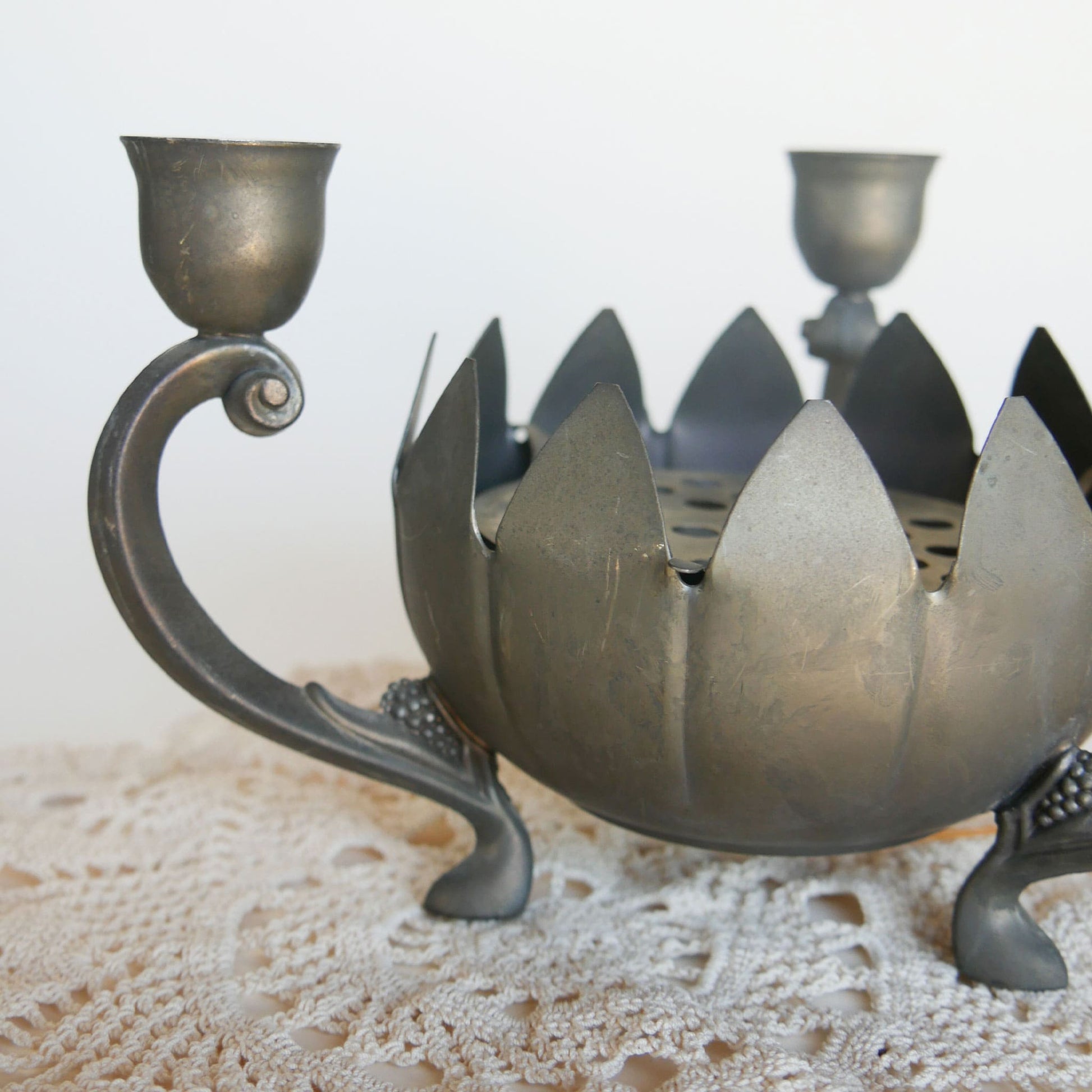 Vintage Silver-Plated Lotus Flower Frog Candelabra Vintage Silver Plated Candelabra Farmhouse Dining Decor