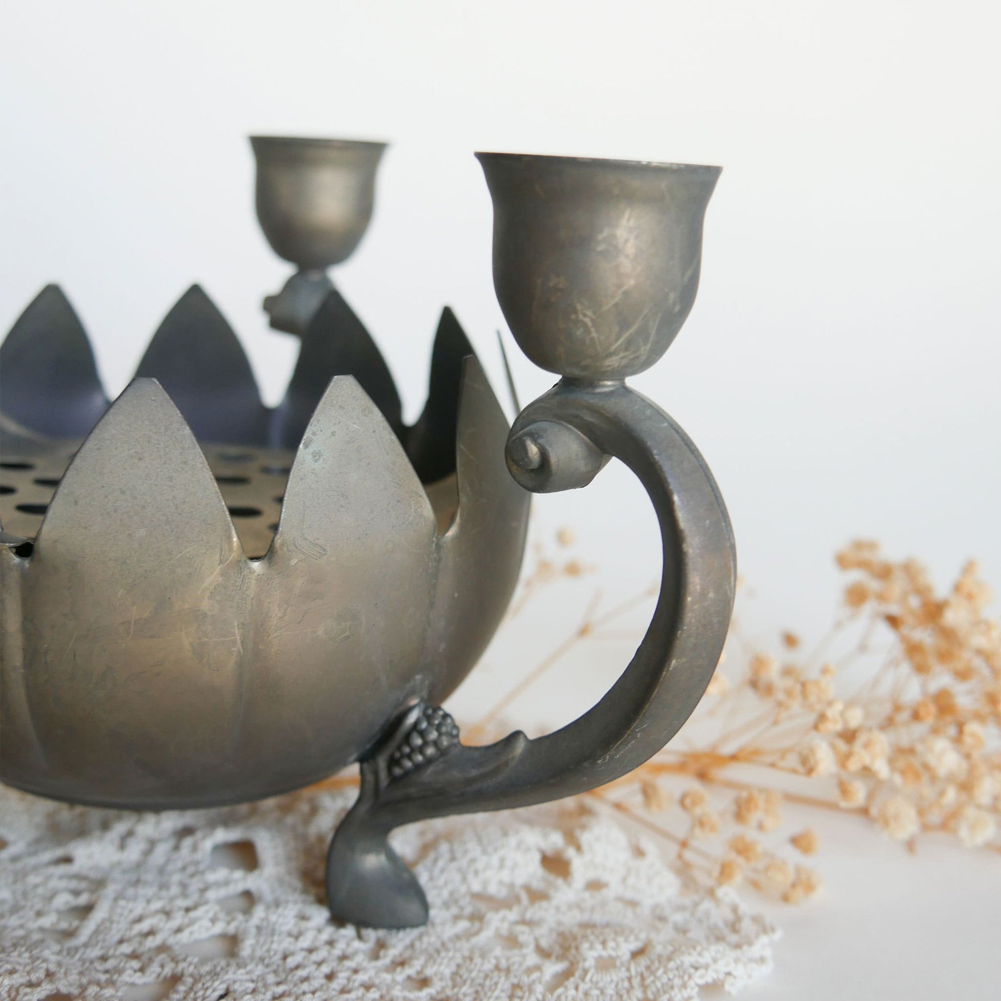 Vintage Silver-Plated Lotus Flower Frog Candelabra Vintage Silver Plated Candelabra Farmhouse Dining Decor