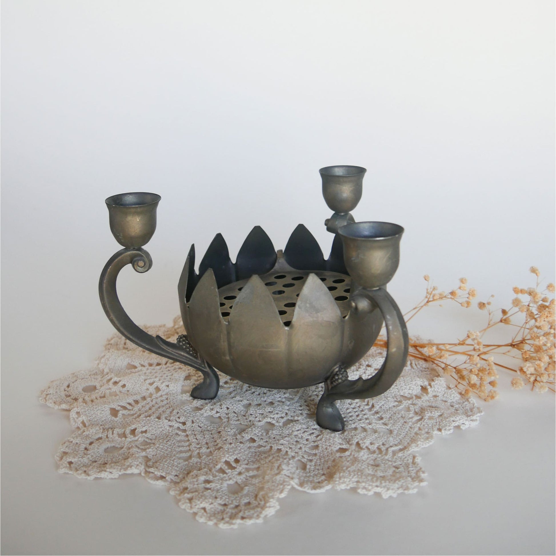 Vintage Silver-Plated Lotus Flower Frog Candelabra Vintage Silver Plated Candelabra Farmhouse Dining Decor