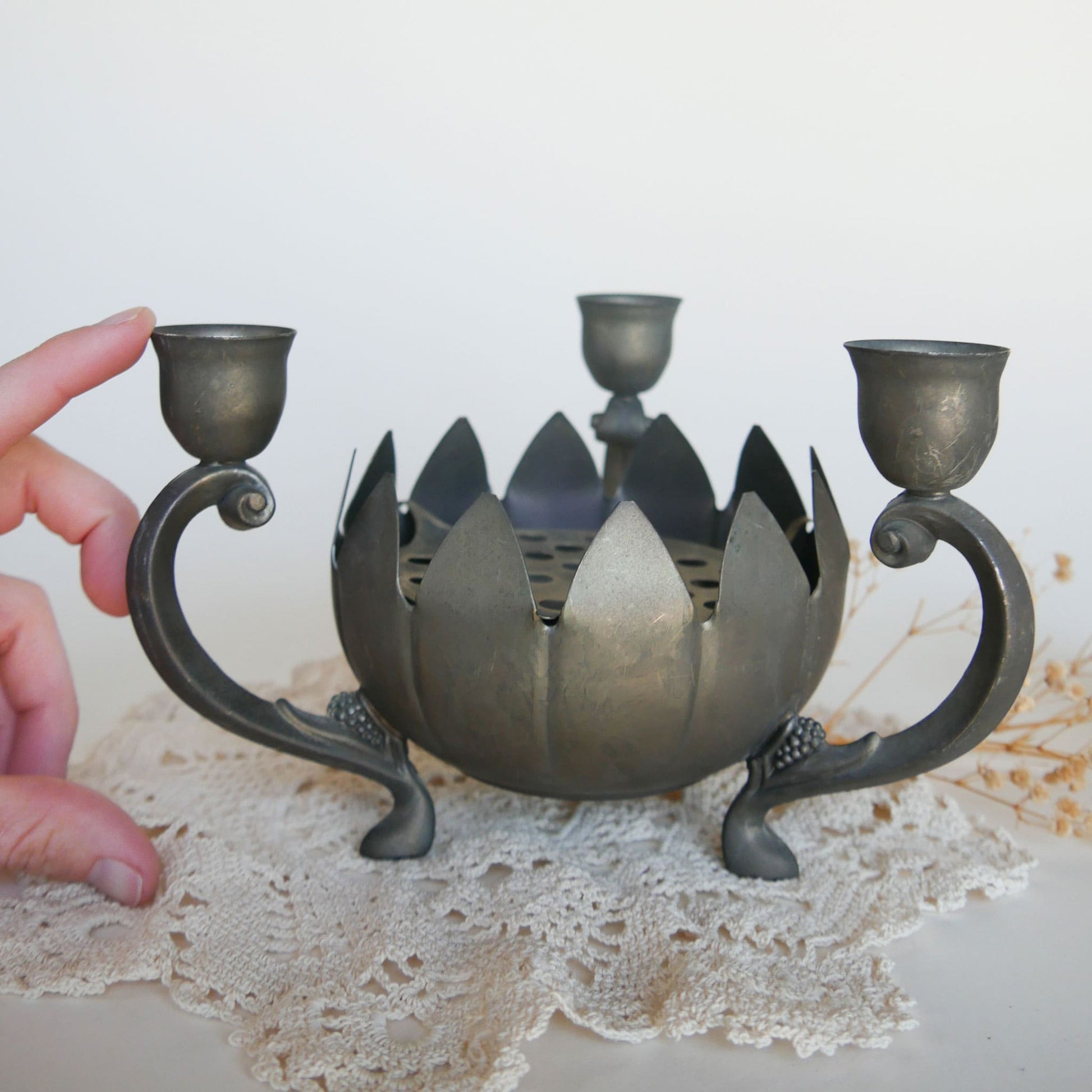 Vintage Silver-Plated Lotus Flower Frog Candelabra Vintage Silver Plated Candelabra Farmhouse Dining Decor