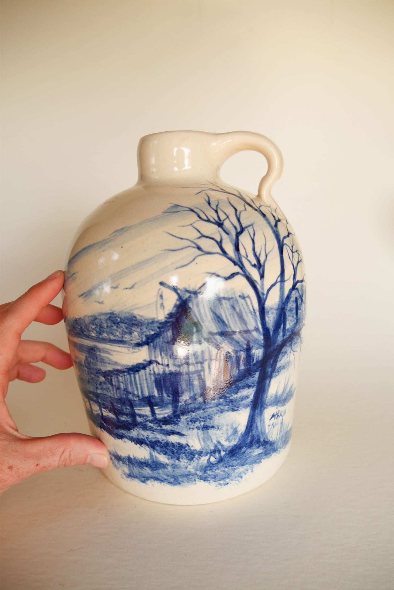 Vintage Stoneware Jug, Blue Barn Scene, Vintage Farmhouse Stoneware Jug, Vintage Farmhouse Stoneware, Vintage Barn Scene Stoneware