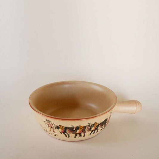 Vintage Swiss Fondue Pot with Alpine Cow & Herdsman, European Farmhouse DEcor, European Farmhouse Pottery, European Farmhouse Kitchen, Vintage Swiss Pottery