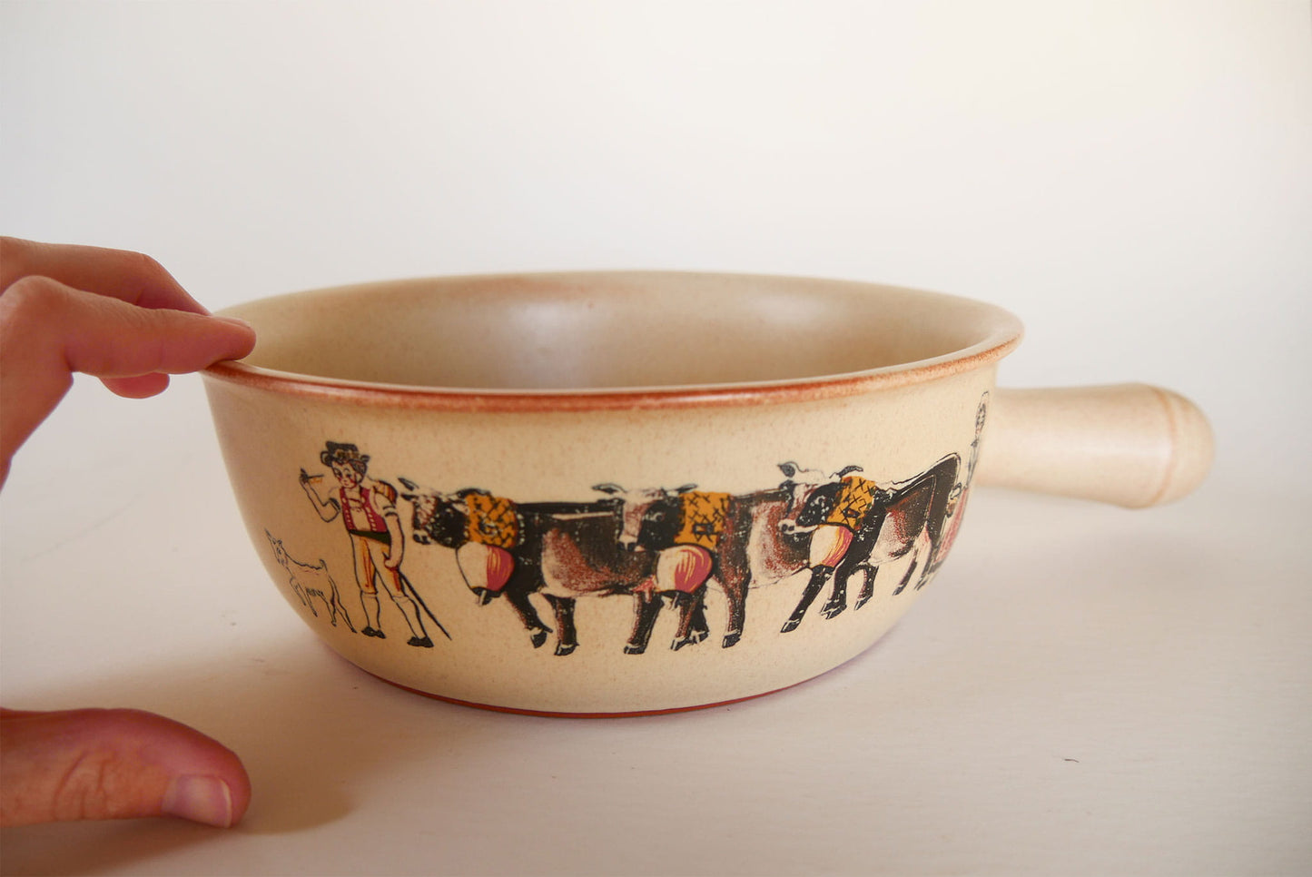 Vintage Swiss Fondue Pot with Alpine Cow & Herdsman, European Farmhouse DEcor, European Farmhouse Pottery, European Farmhouse Kitchen, Vintage Swiss Pottery