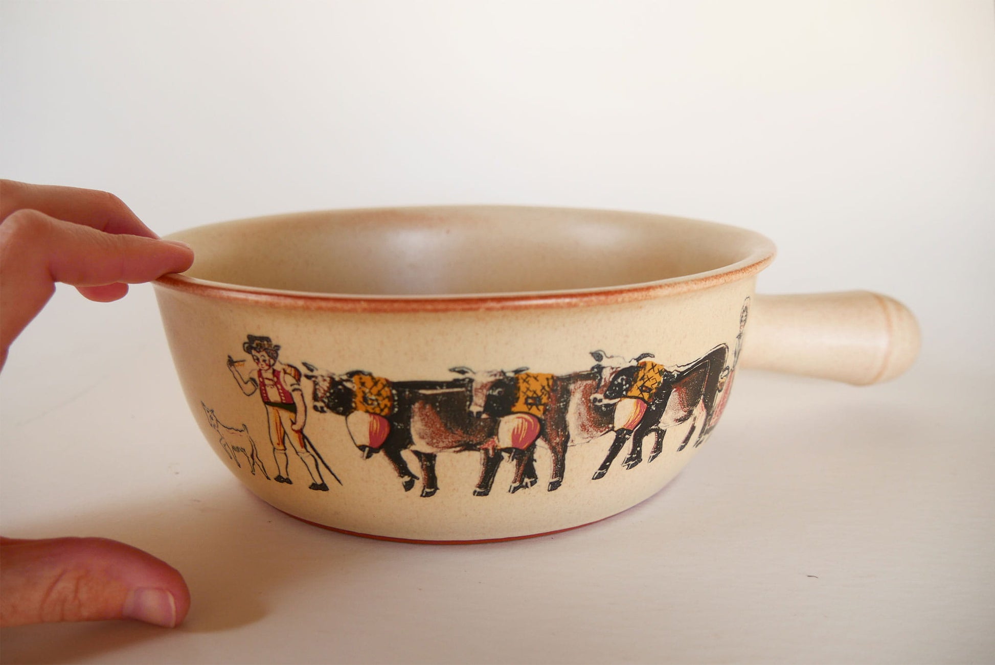 Vintage Swiss Fondue Pot with Alpine Cow & Herdsman, European Farmhouse DEcor, European Farmhouse Pottery, European Farmhouse Kitchen, Vintage Swiss Pottery