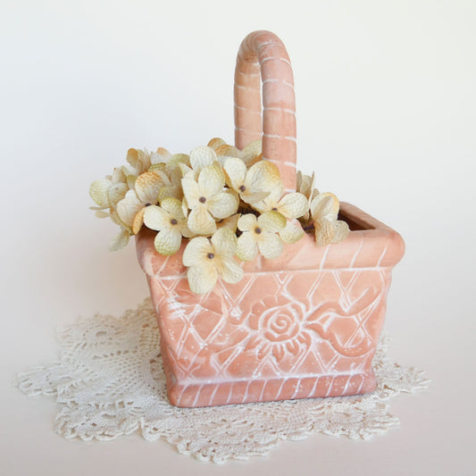Vintage Terracotta Floral Basket Planter with Handle Vintage Cottagecore DEcor Vintage Decor Terracotta Planter