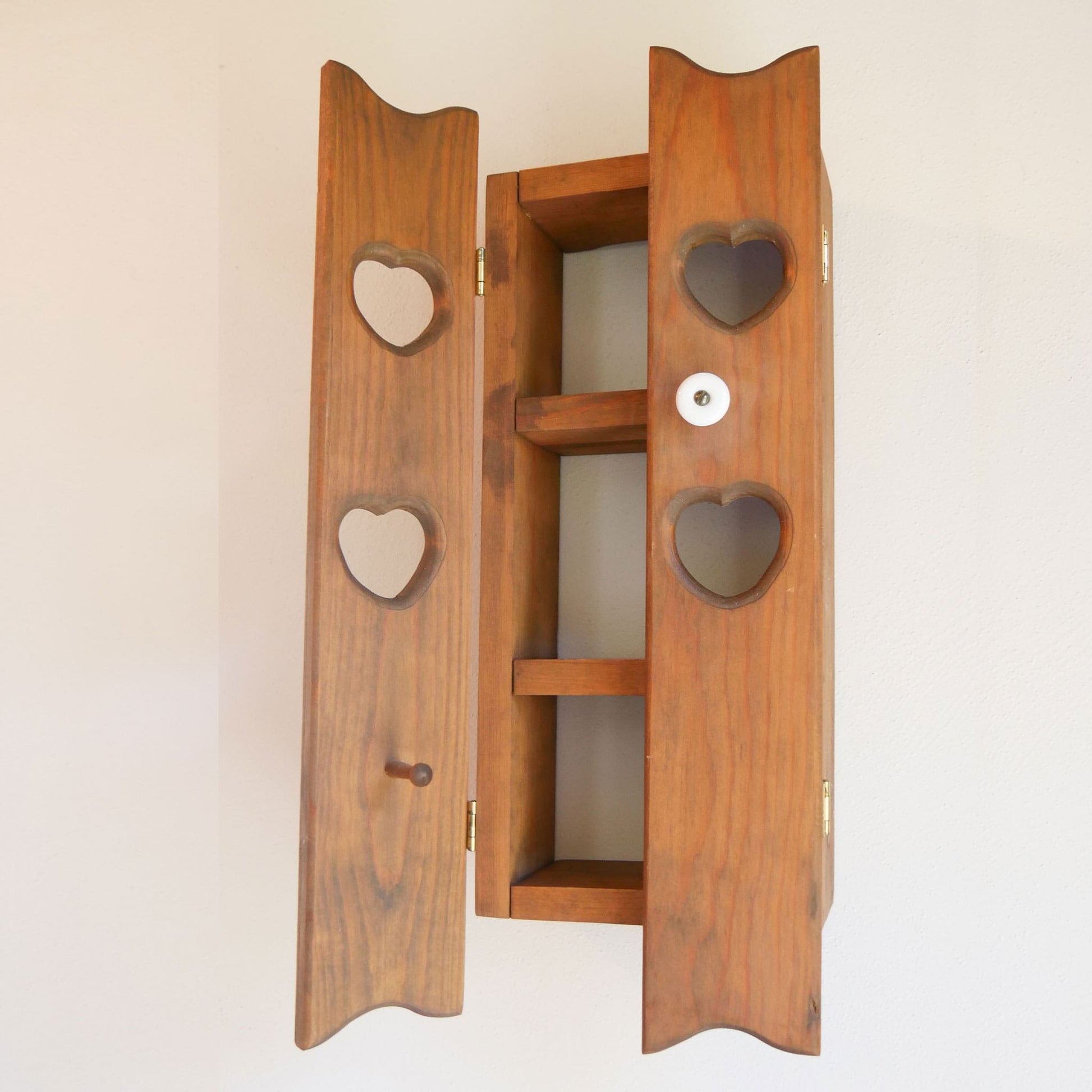 Vintage 20in 3-Shelf Heart Cutout Wall Cabinet with Porcelian Knobs Vintage Spice Cabinet Vintage Wall Cabinet Vintage Heart Cutout Cabinet