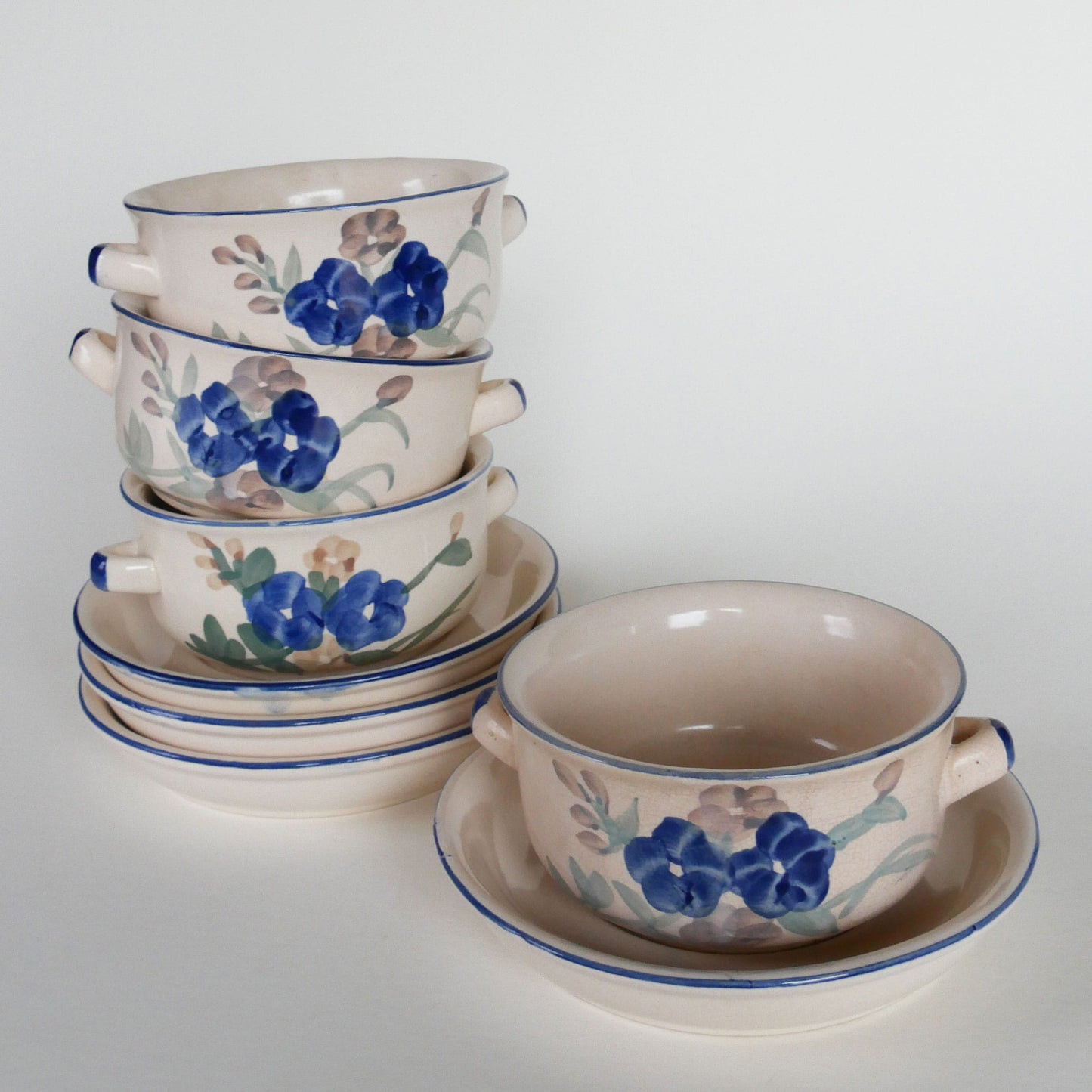 Vintage Trade Masters Double Handle Pottery Soup Bowl with Saucer Set, Vintage Stoneware Soup Bowls and Saucers, Vintage Soup Bowls and Saucers, Vintage Stoneware Blue Floral Bowls, Vintage Stoneware, Vintage Kitchen Decor