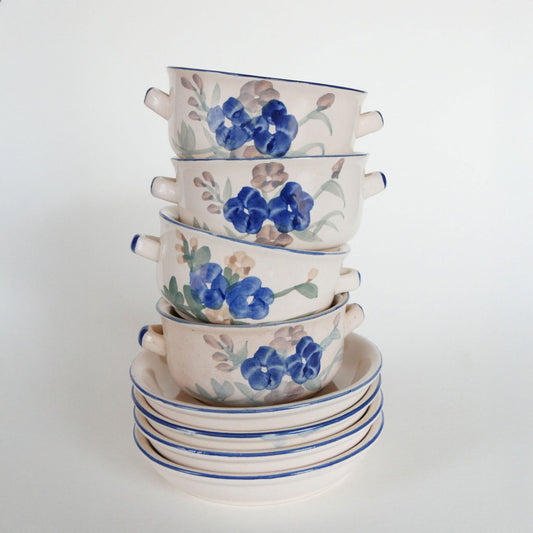 Vintage Trade Masters Double Handle Pottery Soup Bowl with Saucer Set, Vintage Stoneware Soup Bowls and Saucers, Vintage Soup Bowls and Saucers, Vintage Stoneware Blue Floral Bowls, Vintage Stoneware, Vintage Kitchen Decor