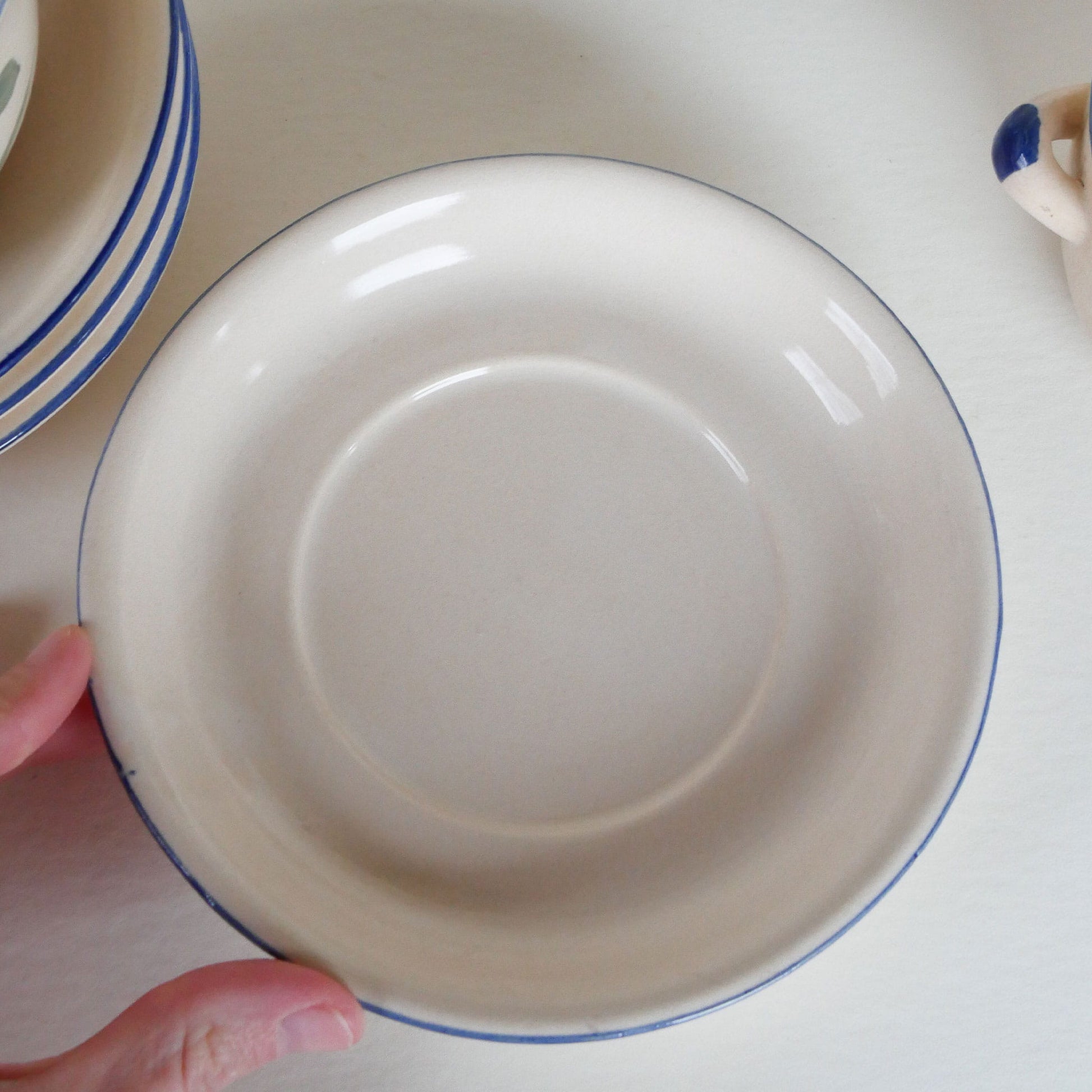 Vintage Trade Masters Double Handle Pottery Soup Bowl with Saucer Set, Vintage Stoneware Soup Bowls and Saucers, Vintage Soup Bowls and Saucers, Vintage Stoneware Blue Floral Bowls, Vintage Stoneware, Vintage Kitchen Decor