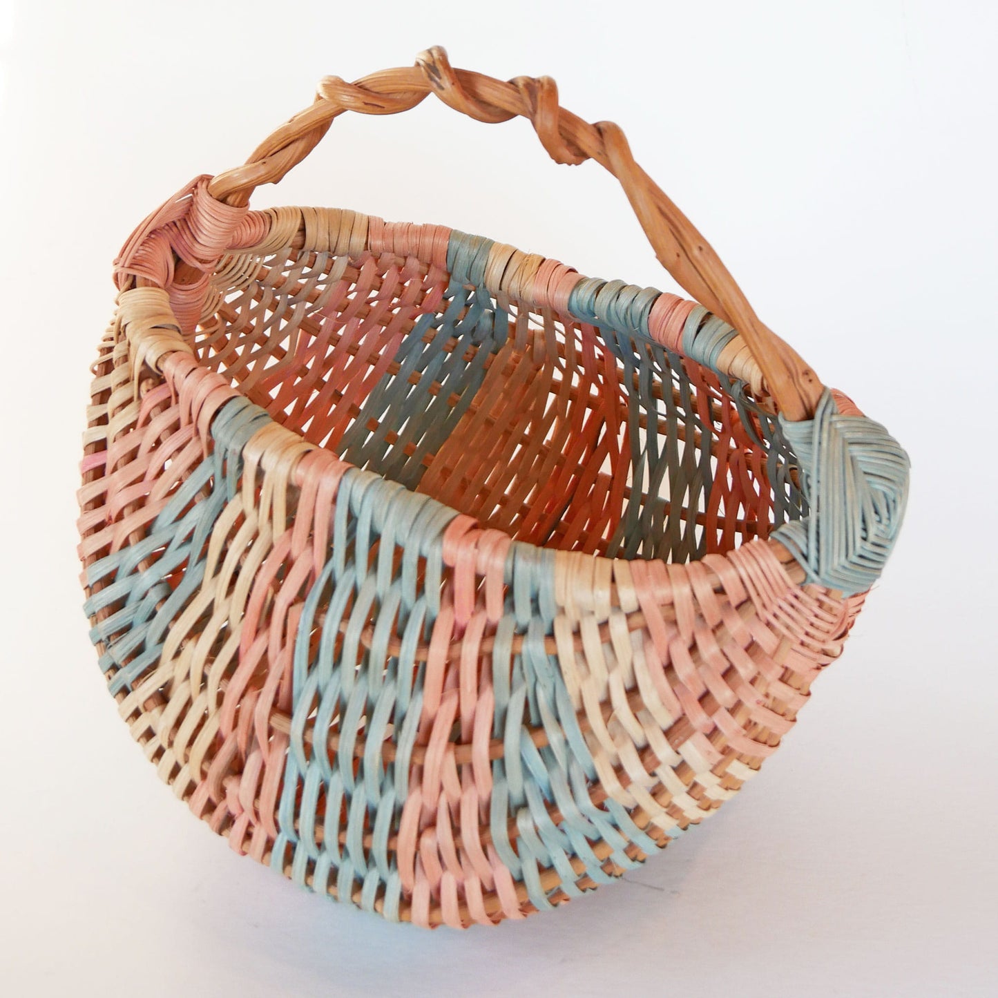 Vintage Handmade Southwestern Buttocks Basket, Green and Pink Stripes, Vintage Southwestern Basket Decor, Vintage Western Basket, Vintage Basket Decor