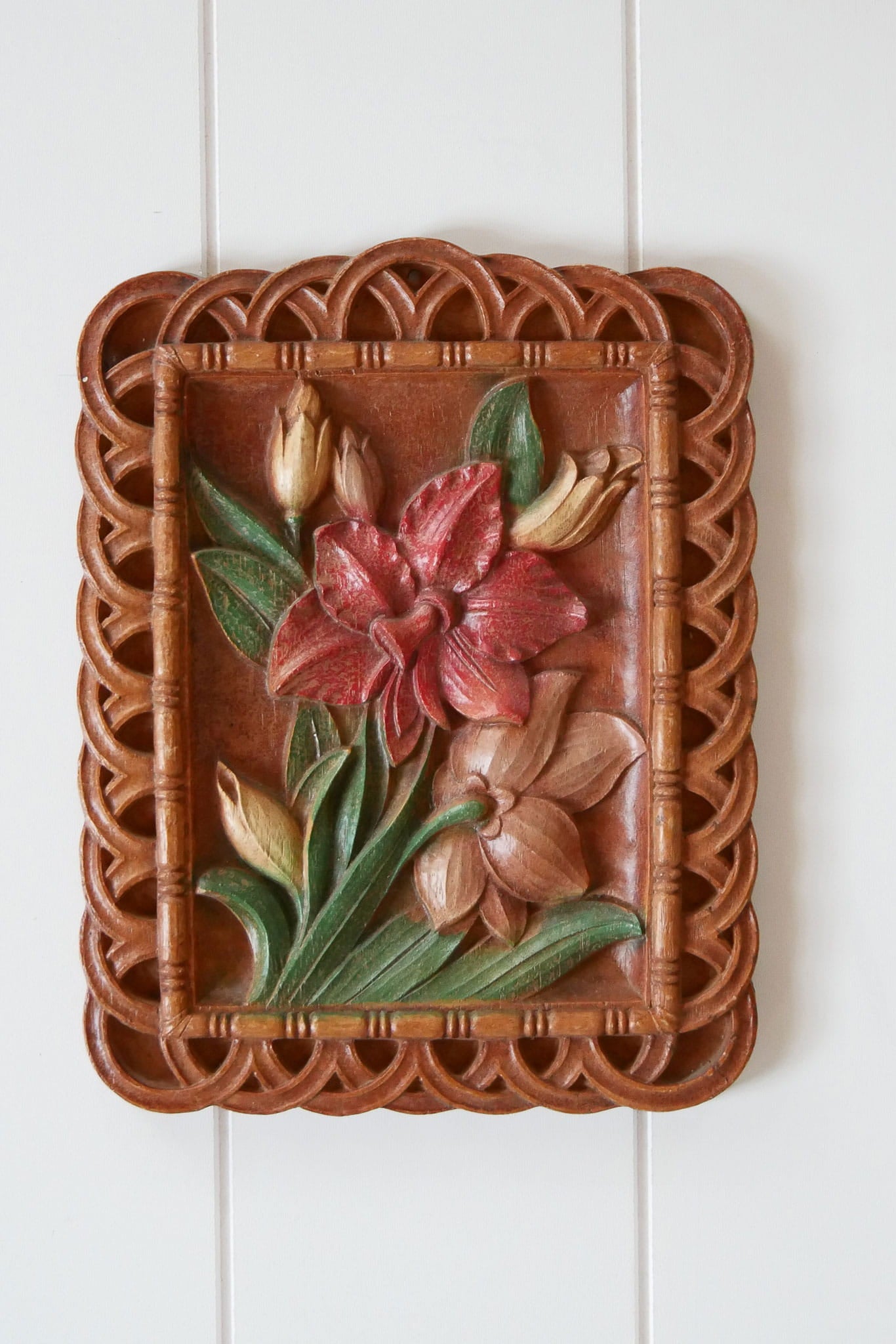 Vintage Tropical Florals Wood Carved Wall Plaque