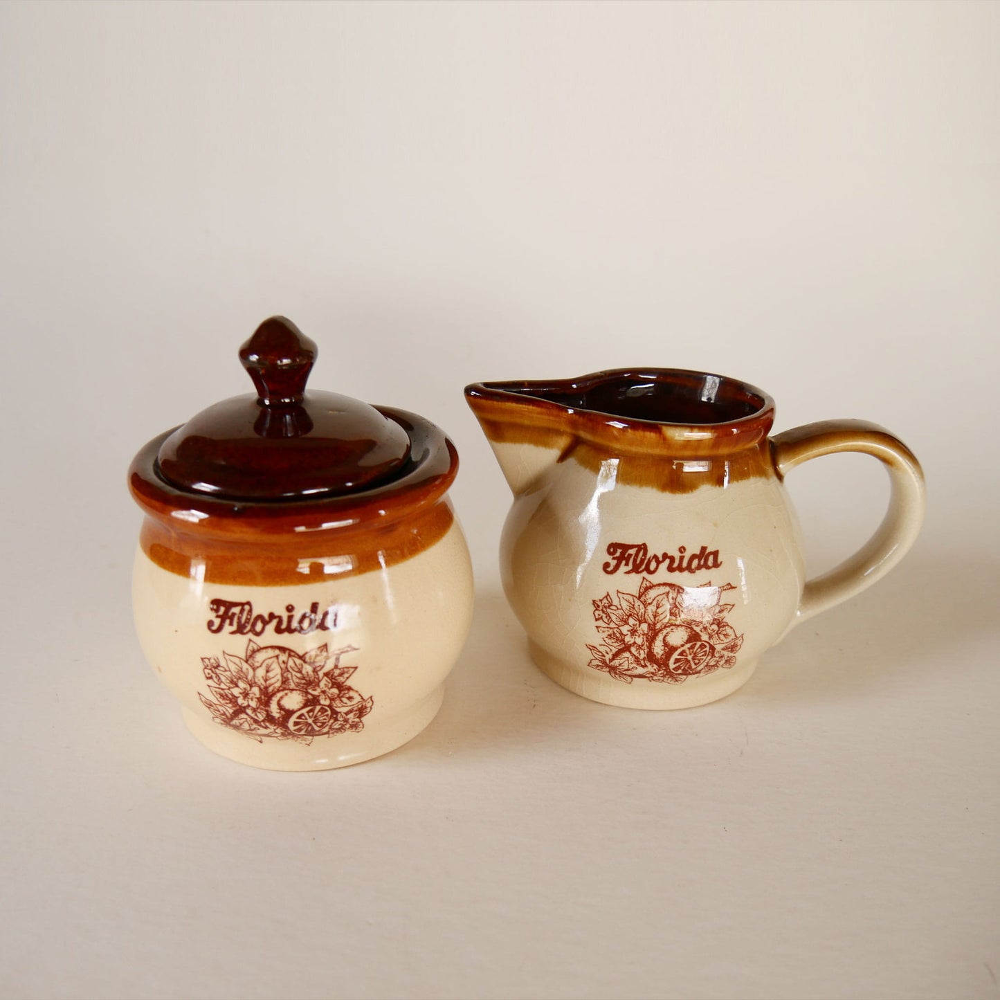 VIntage Florida Two-Tone Brown Creamer and Sugar Dish, Vintage Two Tone Pottery, Vintage Farmhouse Pottery, Vintage Two Tone Stoneware, Vintage Two Tone Creamer, Vintage Two Tone Sugar Dish, Vintage Florida Two Tone Pottery, Vintage Brown Florida Pottery