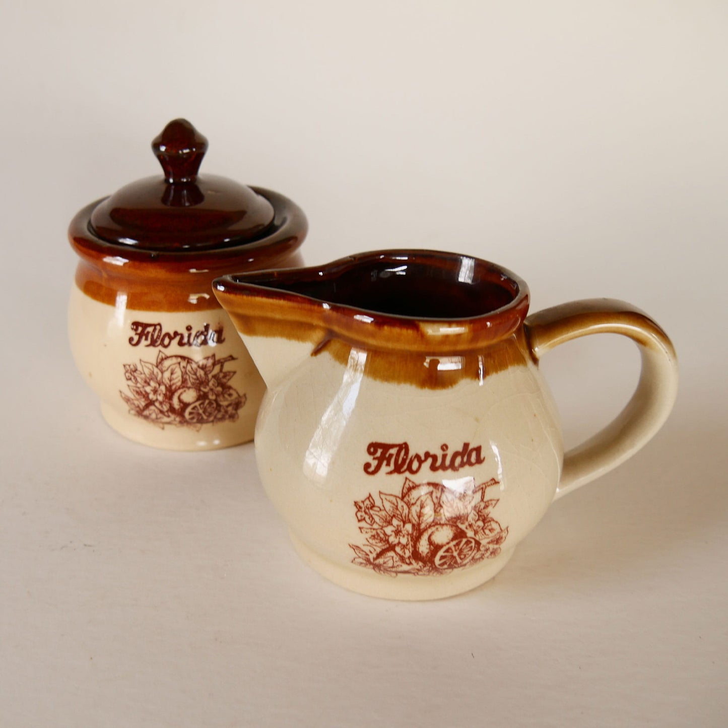VIntage Florida Two-Tone Brown Creamer and Sugar Dish, Vintage Two Tone Pottery, Vintage Farmhouse Pottery, Vintage Two Tone Stoneware, Vintage Two Tone Creamer, Vintage Two Tone Sugar Dish, Vintage Florida Two Tone Pottery, Vintage Brown Florida Pottery