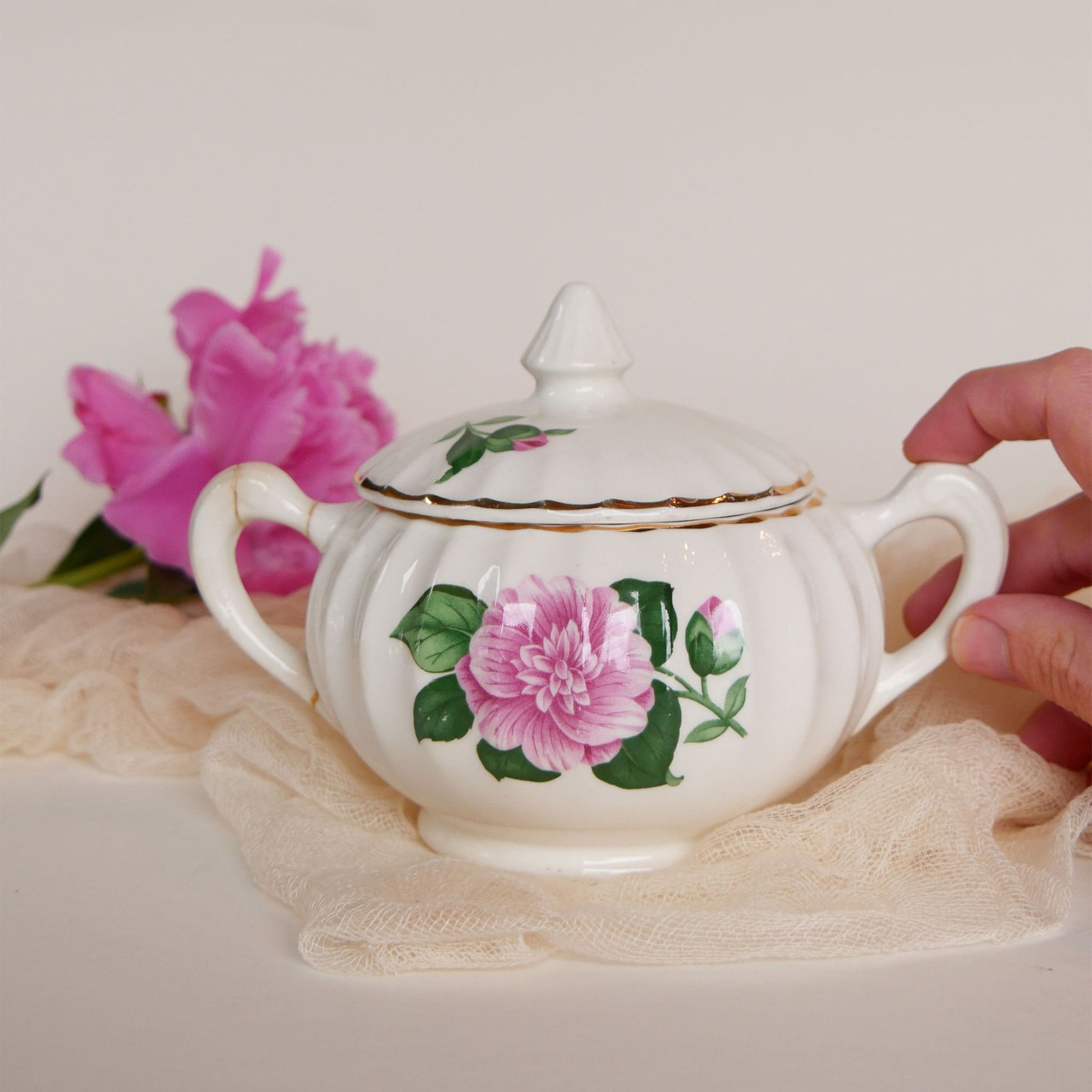 W.S. George Bolero Sugar Dish and Lid, Cameilla Floral Design, Vintage Pink Floral China, Vintage Pink Flower Creamer