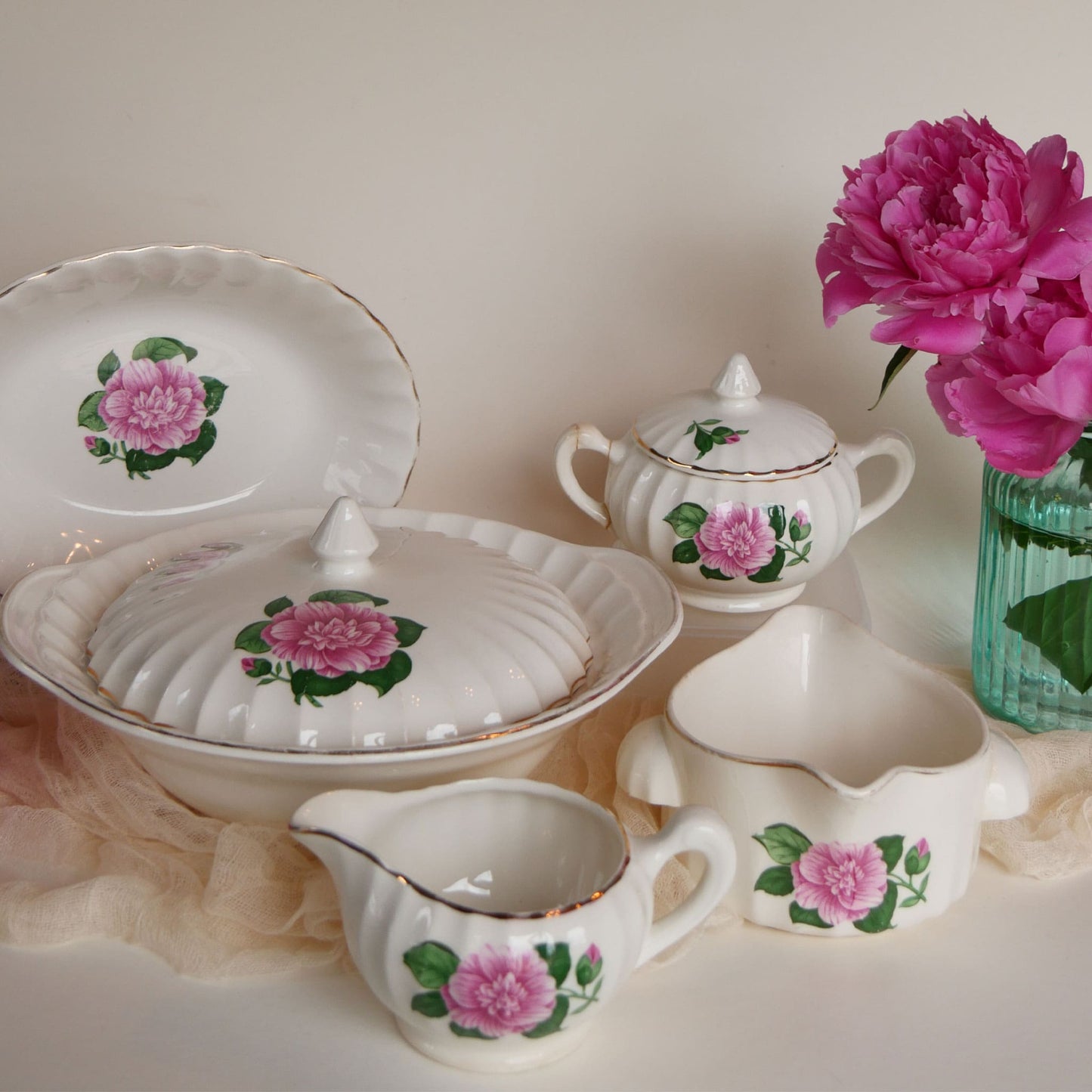 W.S. George Bolero Sugar Dish and Lid, Cameilla Floral Design, Vintage Pink Floral China, Vintage Pink Flower Creamer