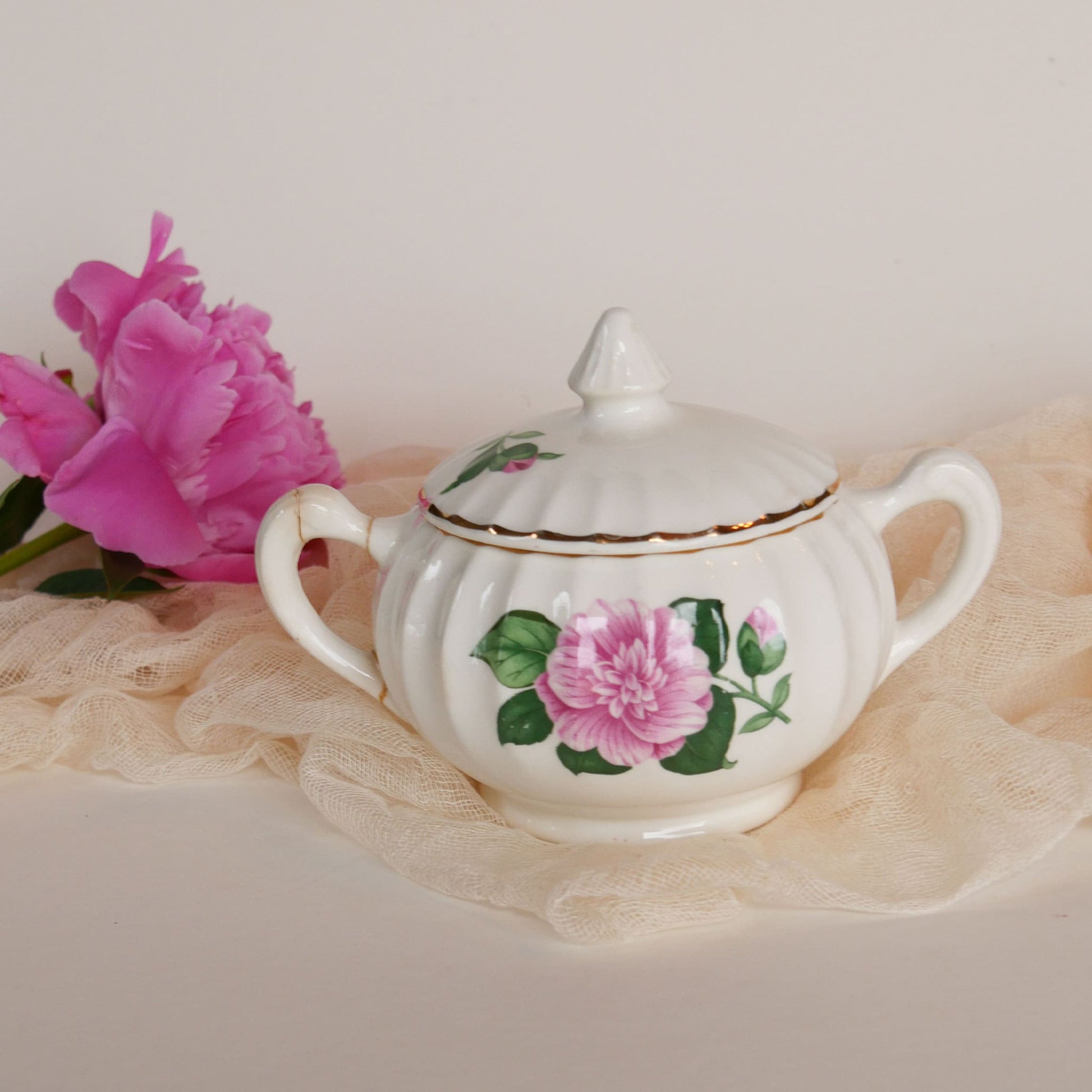 W.S. George Bolero Sugar Dish and Lid, Cameilla Floral Design, Vintage Pink Floral China, Vintage Pink Flower Creamer