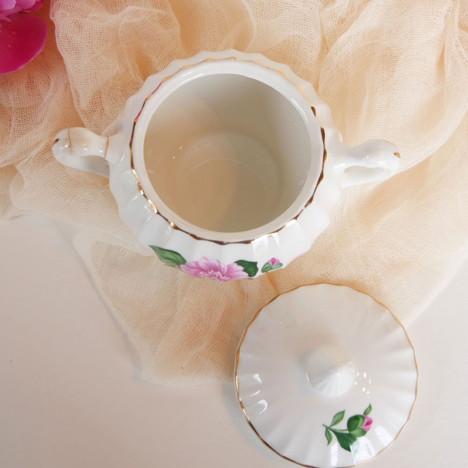 W.S. George Bolero Sugar Dish and Lid, Cameilla Floral Design, Vintage Pink Floral China, Vintage Pink Flower Creamer