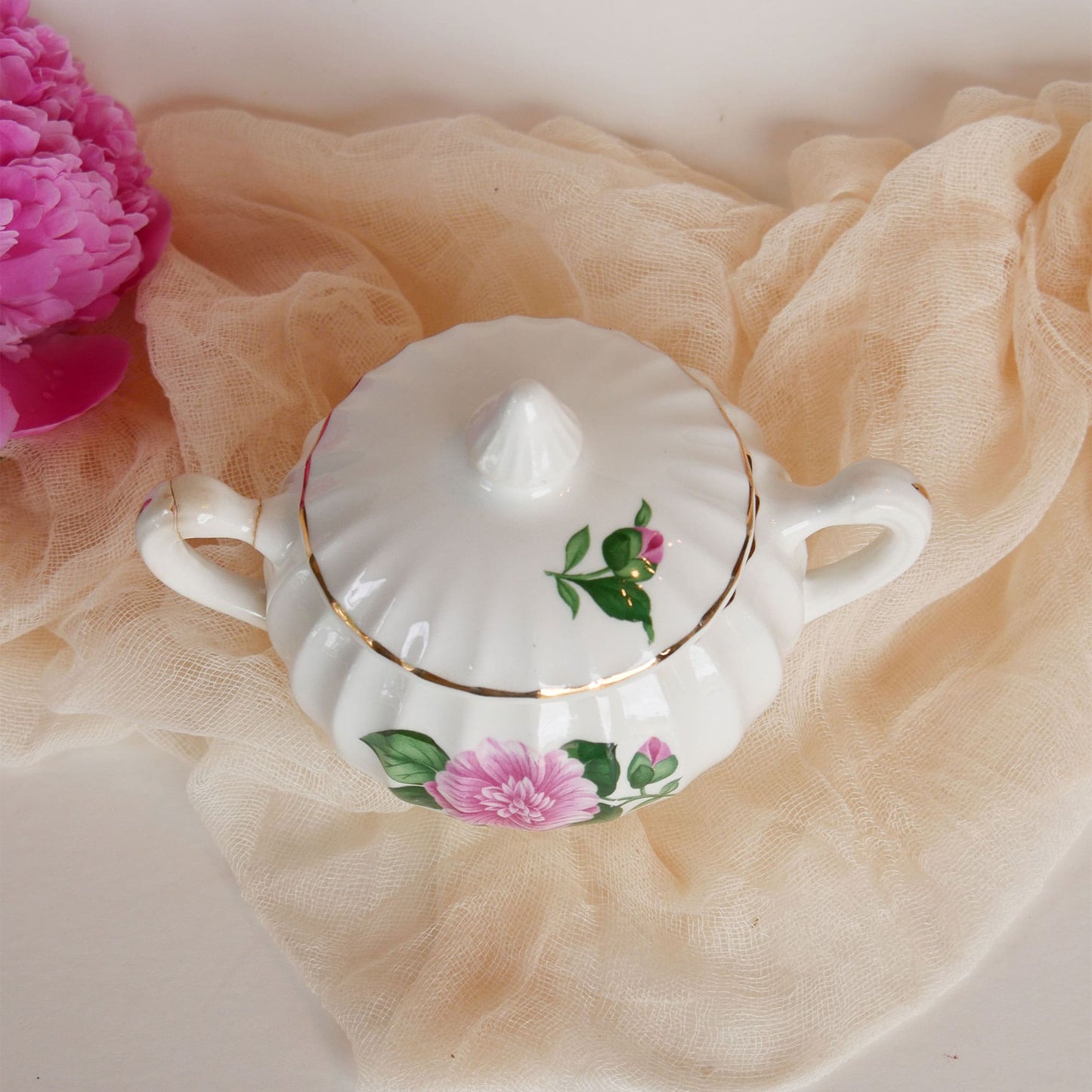 W.S. George Bolero Sugar Dish and Lid, Cameilla Floral Design, Vintage Pink Floral China, Vintage Pink Flower Creamer