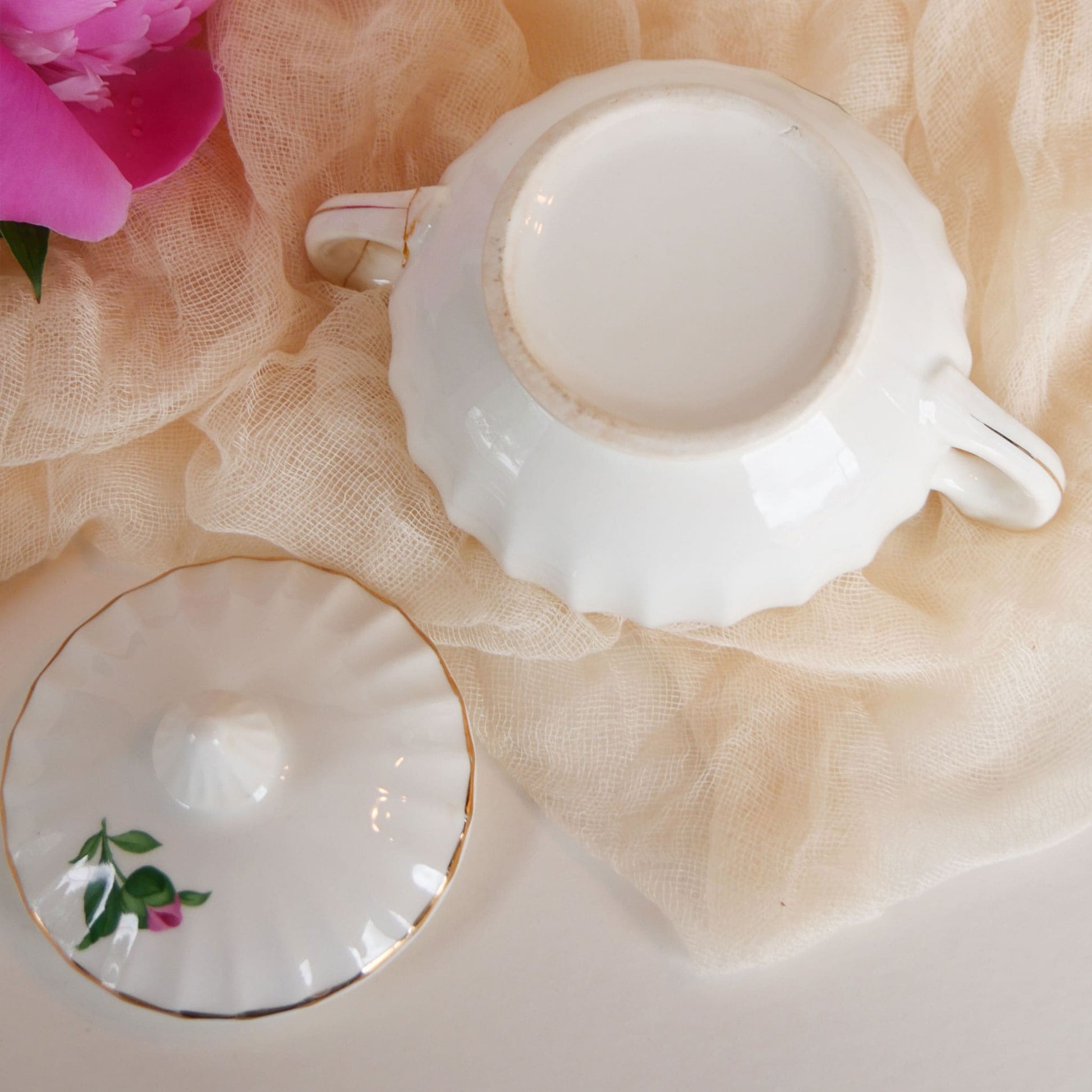W.S. George Bolero Sugar Dish and Lid, Cameilla Floral Design, Vintage Pink Floral China, Vintage Pink Flower Creamer