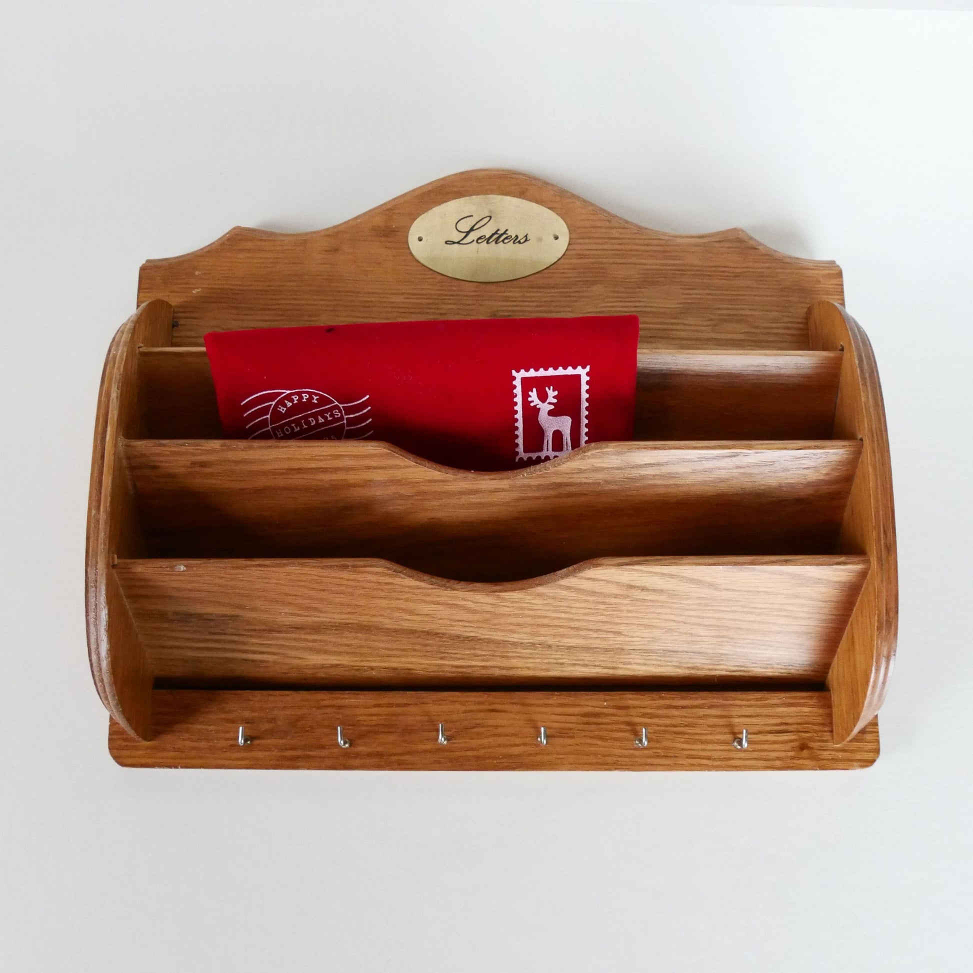Vintage Wood Letter Organizer with Key Hanger, Vintage Mail Sort, Vintage Wood Wall Mounted Wall Sort, Vintage Home Decor