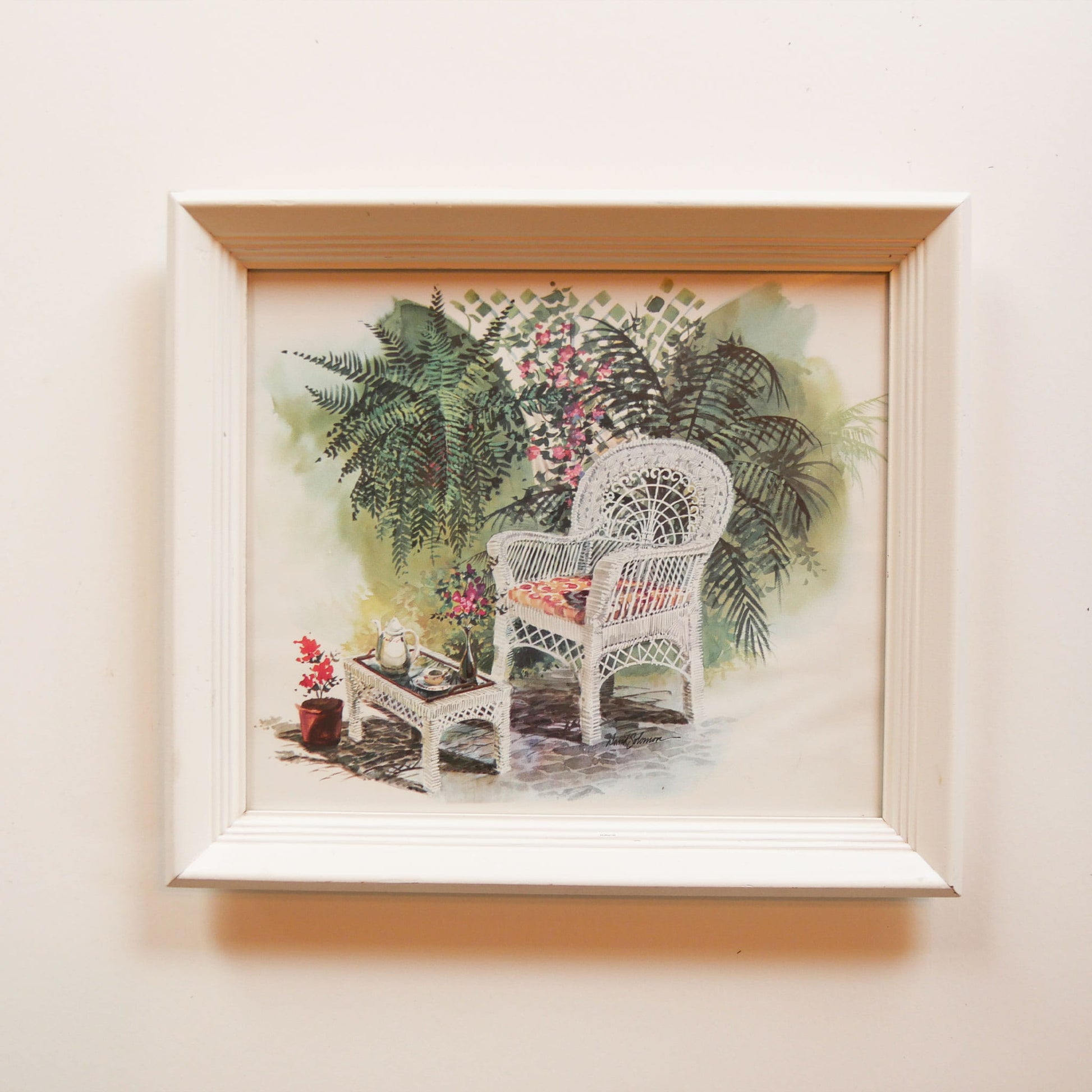 Vintage White Framed Tropical Artwork, Tropical Artwork, Vintage Tropical Artwork, Vintage Coastal Wall Decor, Vintage Retro Wicker ARtwork, Vintage White Wicker Art, Vintage Tropical Decor
