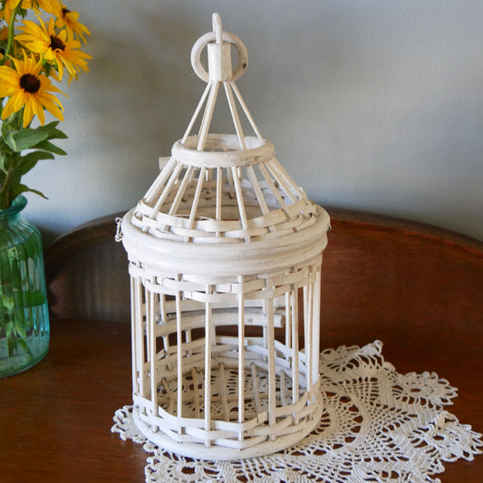 Vintage Handmade White Wood and Wicker Bird Cage Cottagecore Decor Vintage Birdcage White Birdcage Whimsical Bird Decor Cottage Bird Decor Hanging Wicker Birdcage