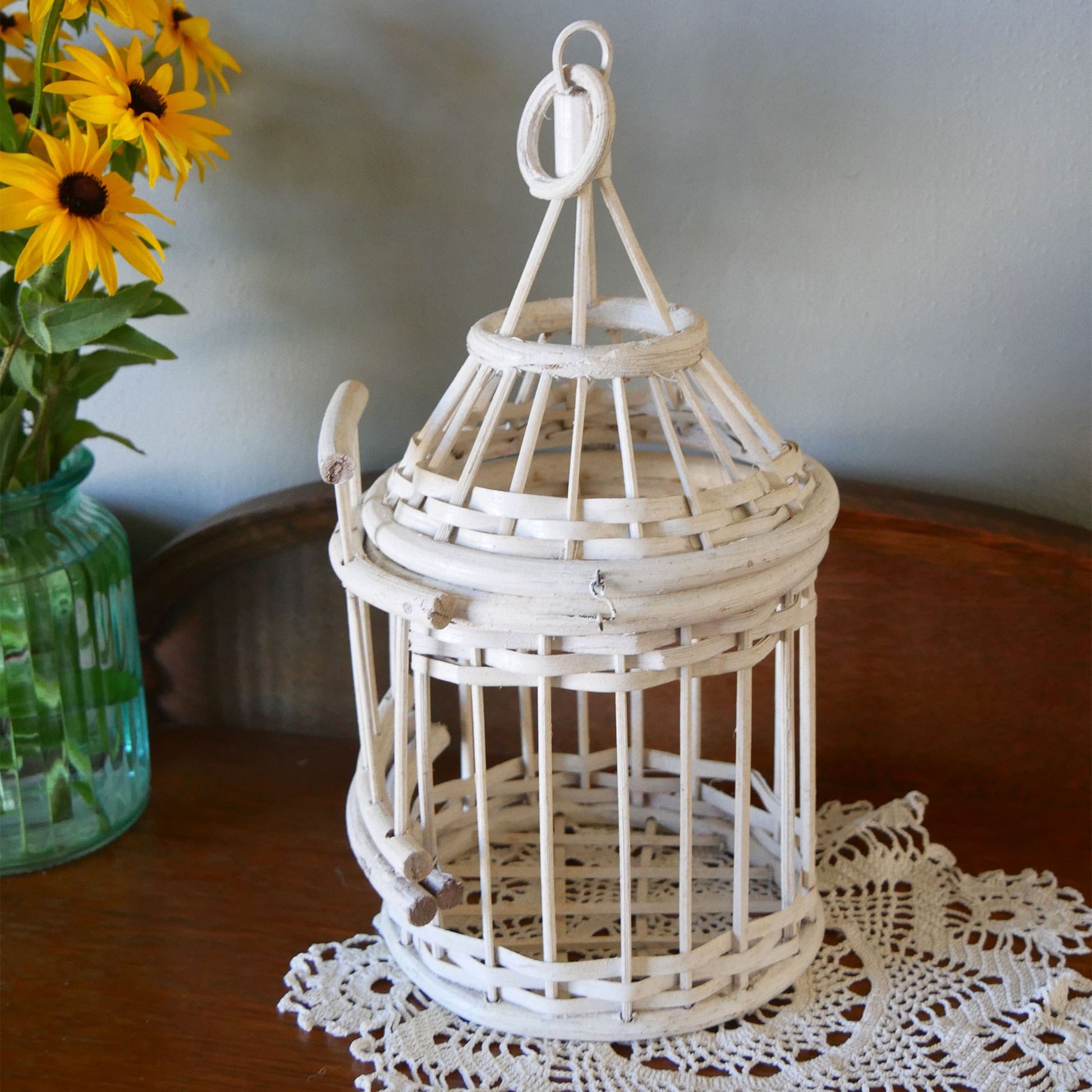 Vintage Handmade White Wood and Wicker Bird Cage Cottagecore Decor Vintage Birdcage White Birdcage Whimsical Bird Decor Cottage Bird Decor Hanging Wicker Birdcage