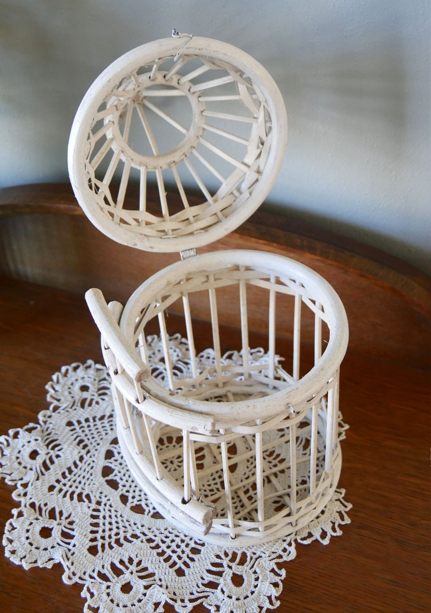 Vintage Handmade White Wood and Wicker Bird Cage Cottagecore Decor Vintage Birdcage White Birdcage Whimsical Bird Decor Cottage Bird Decor Hanging Wicker Birdcage